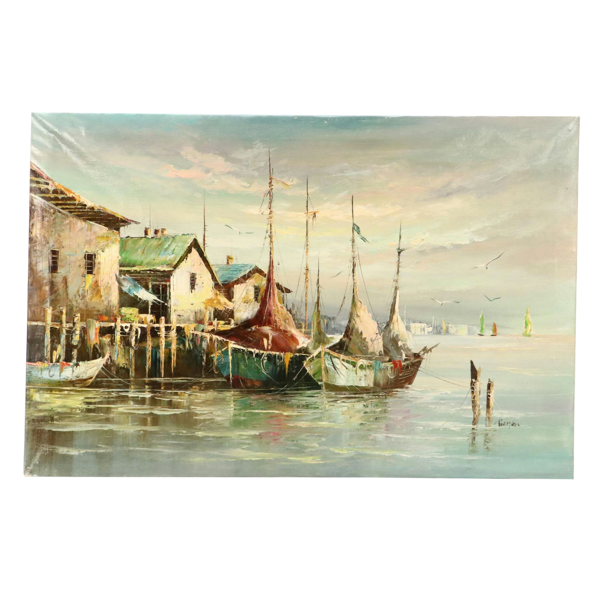 Impressionistic Oil Painting of Fishing Boats, Mid- to Late 20th Century