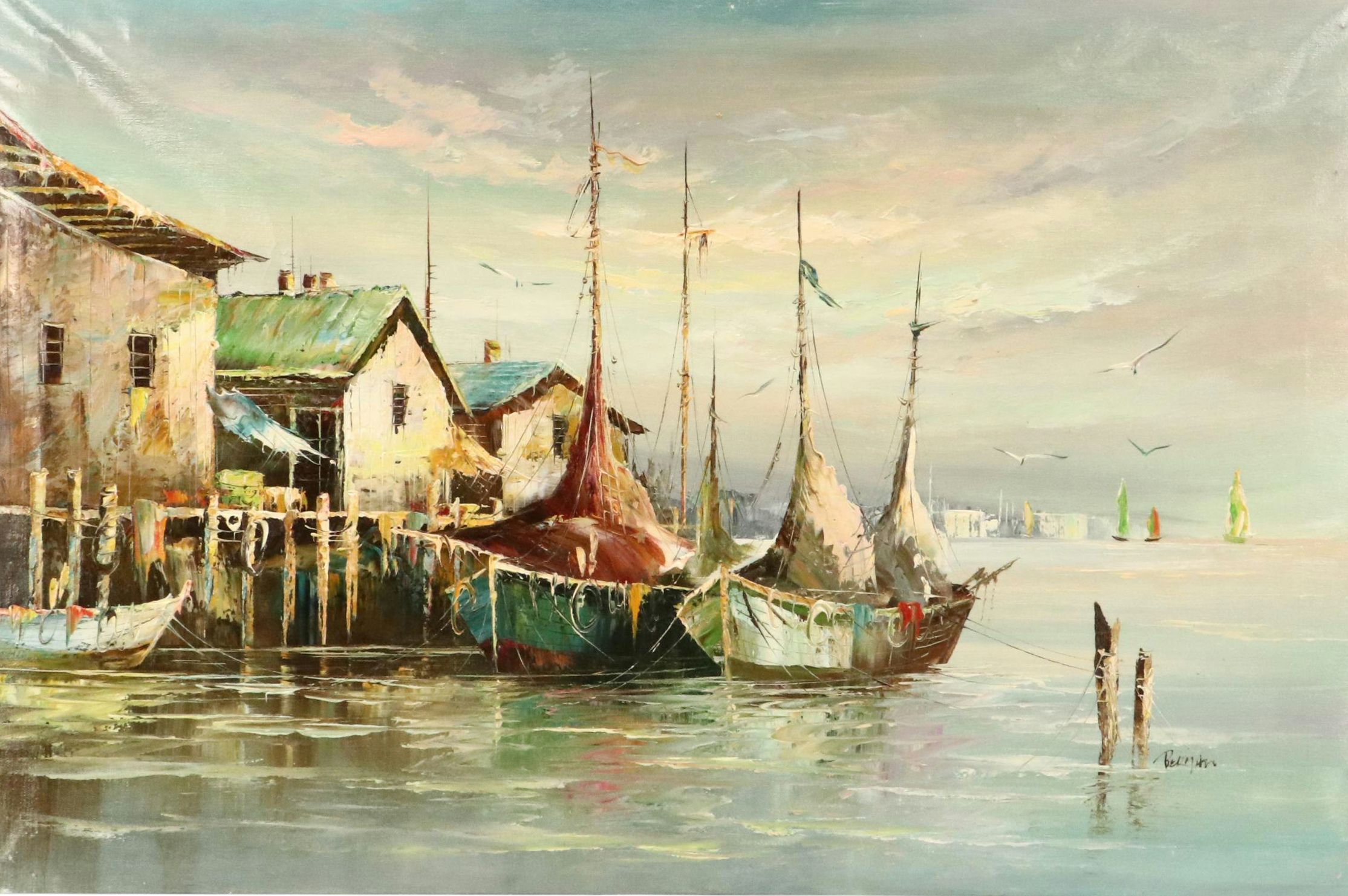 Impressionistic Oil Painting of Fishing Boats, Mid- to Late 20th Century