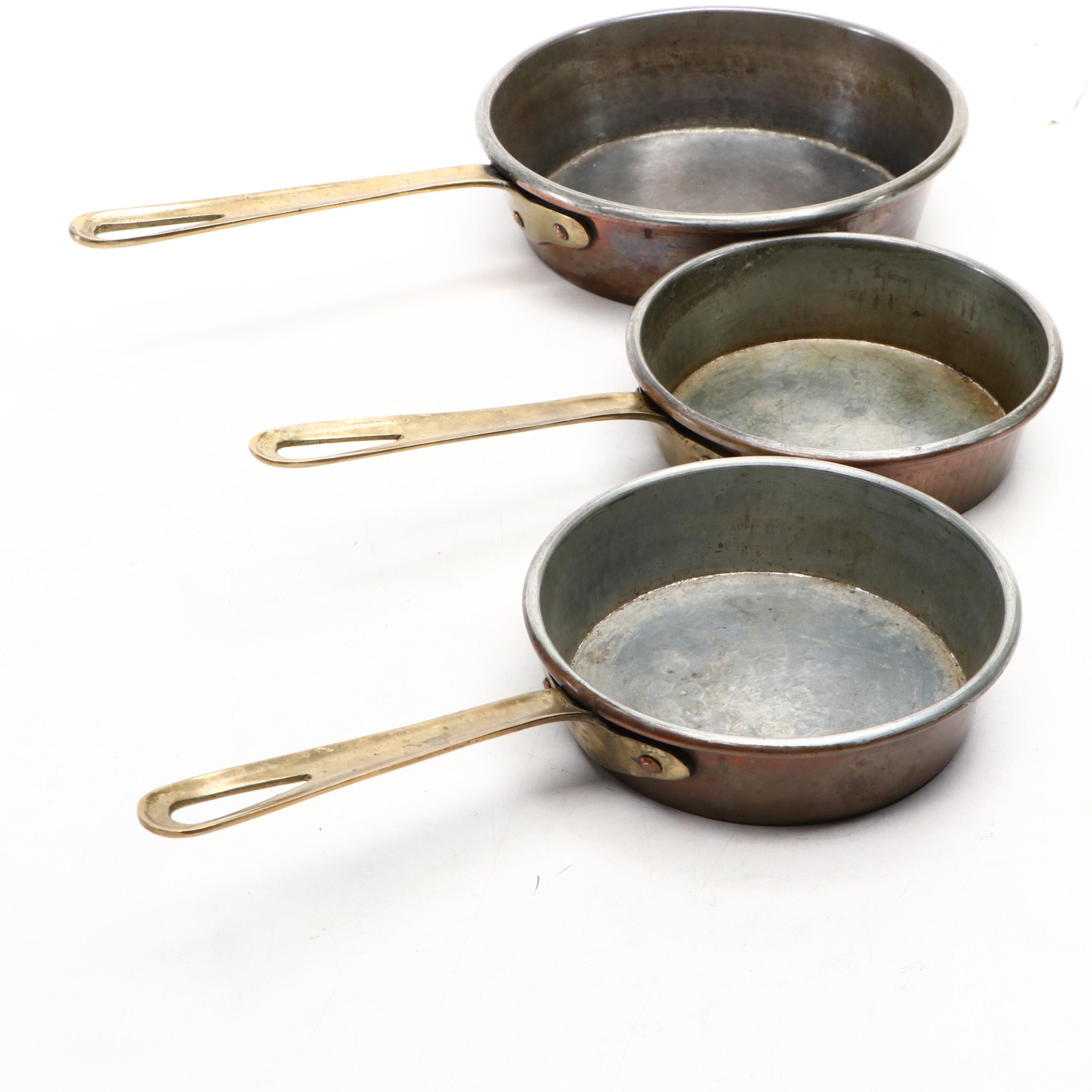 European Hammered Copper Pans with Brass Handles