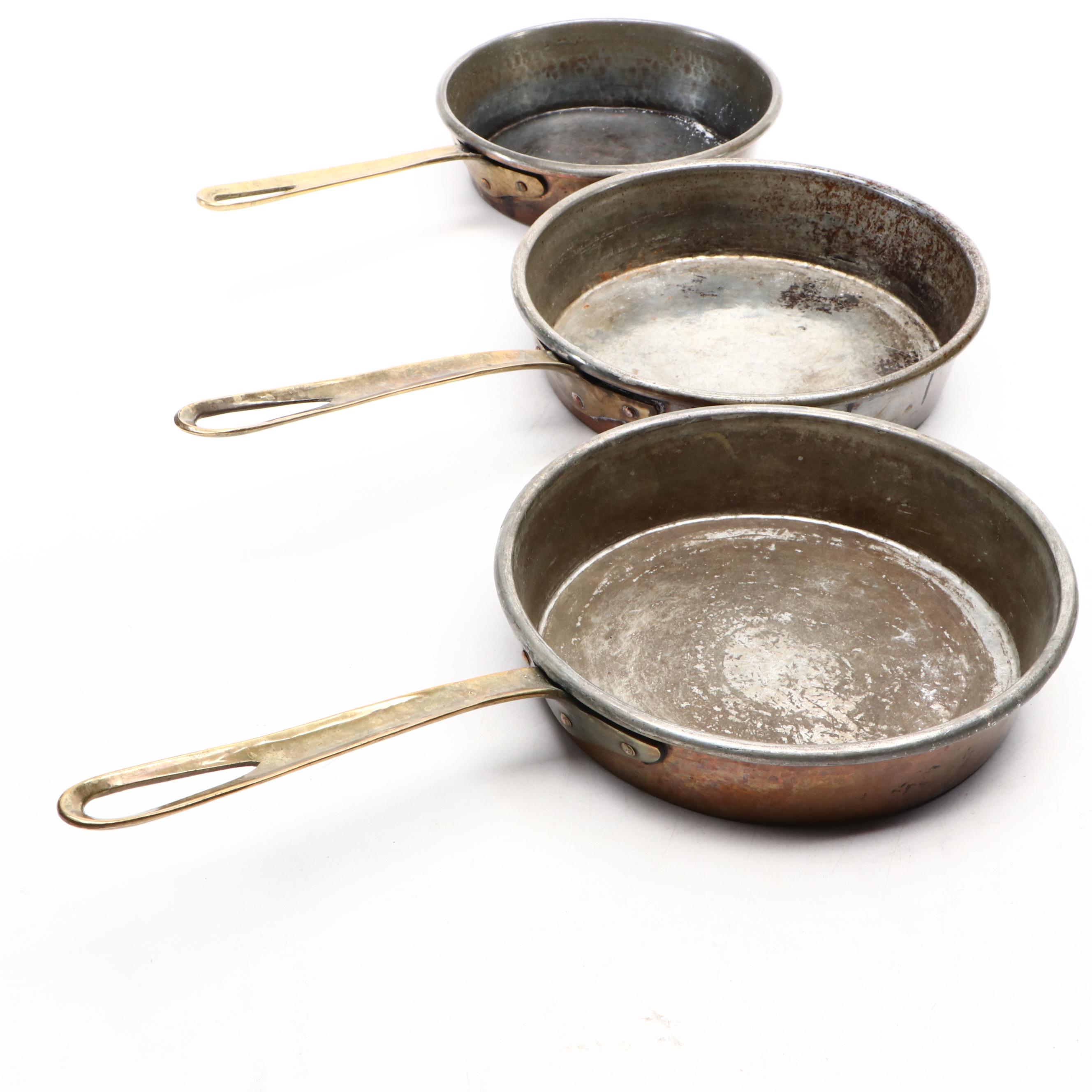 European Hammered Copper Pans with Brass Handles