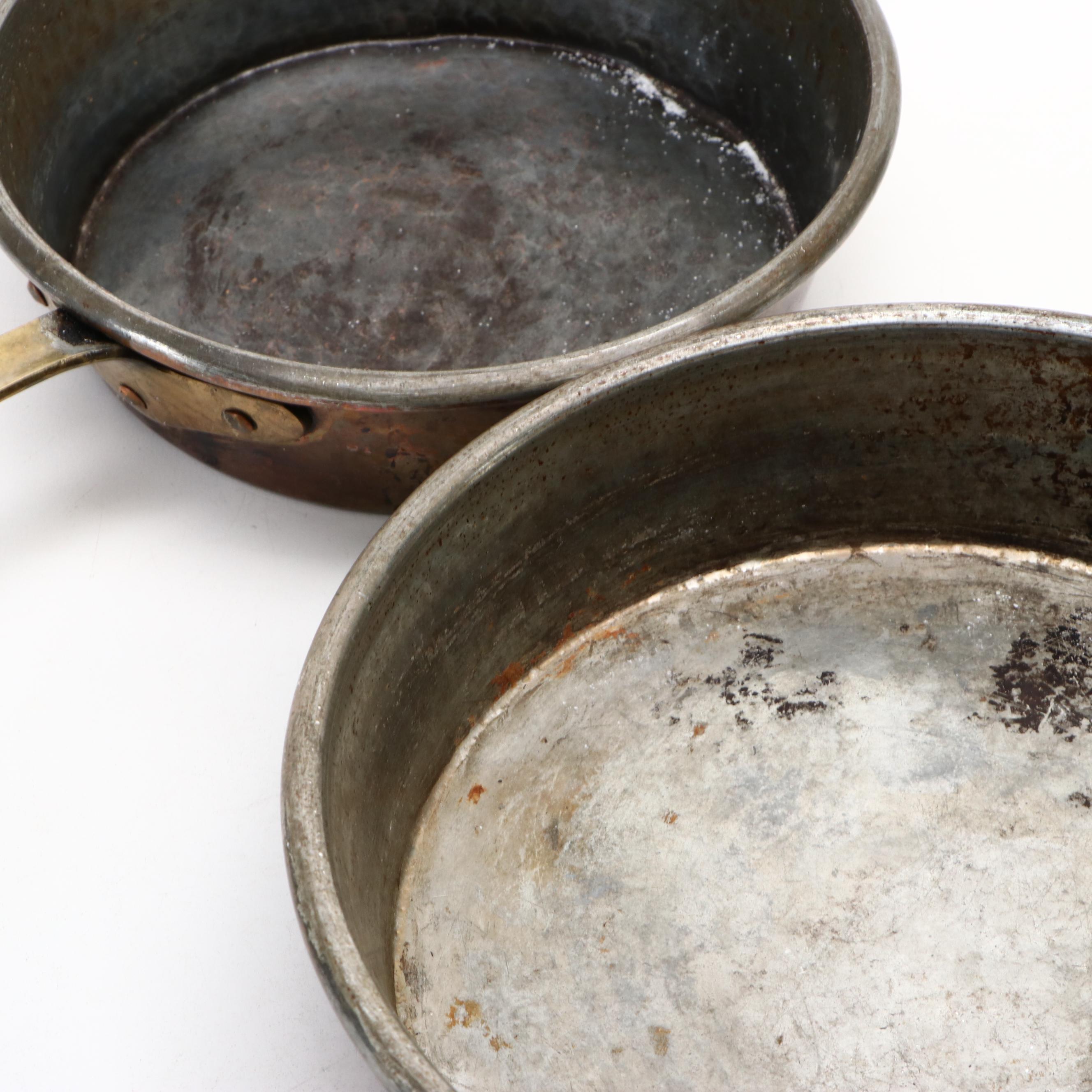 European Hammered Copper Pans with Brass Handles