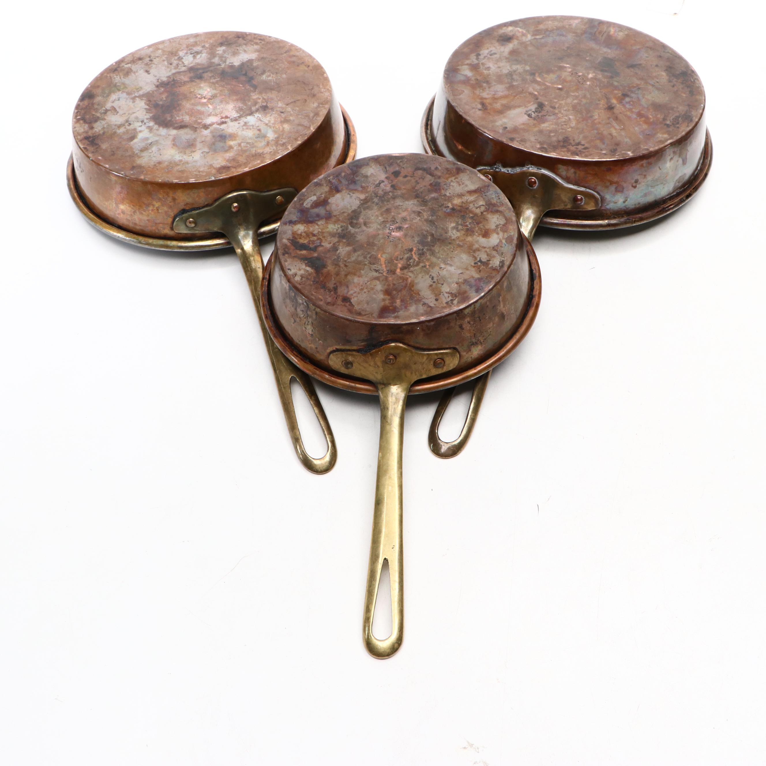 European Hammered Copper Pans with Brass Handles