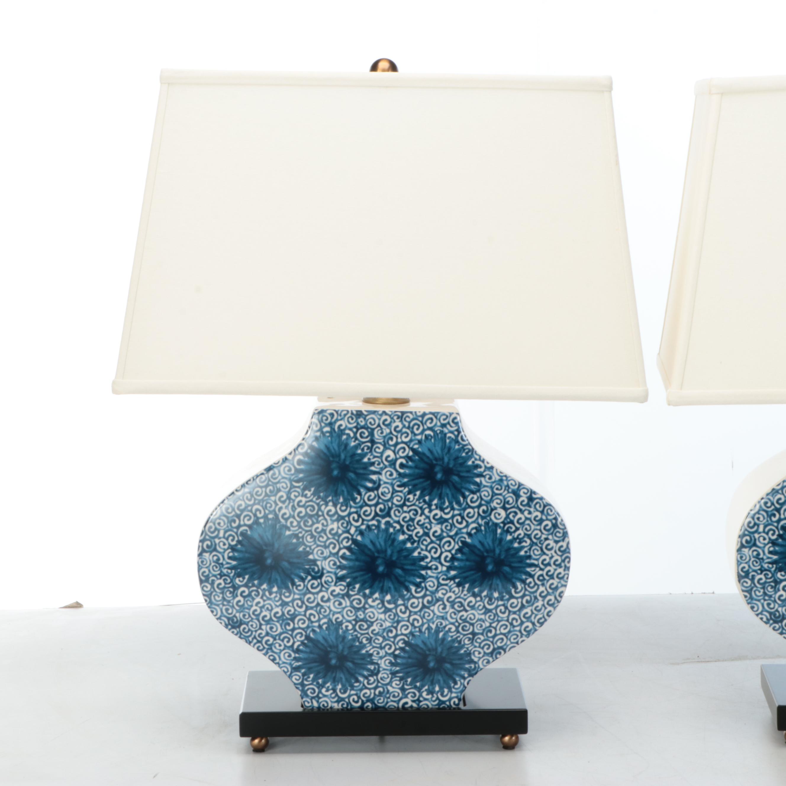 Williamsburg "Hannah" Blue and White Ceramic Table Lamp Pair with Drum Shades