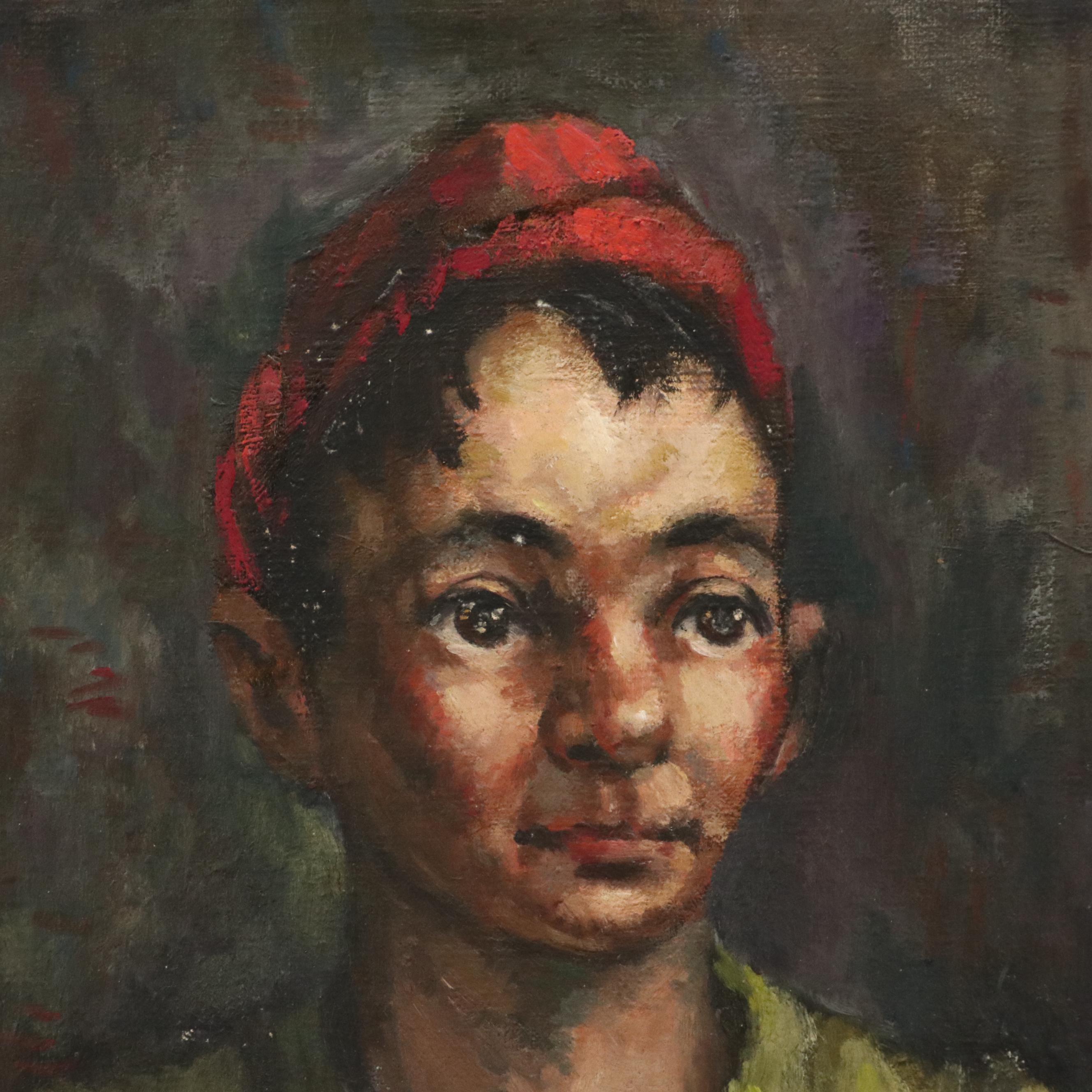 Harvey Shepard Portrait Oil Painting of Boy in Red Cap, Mid-20th Century