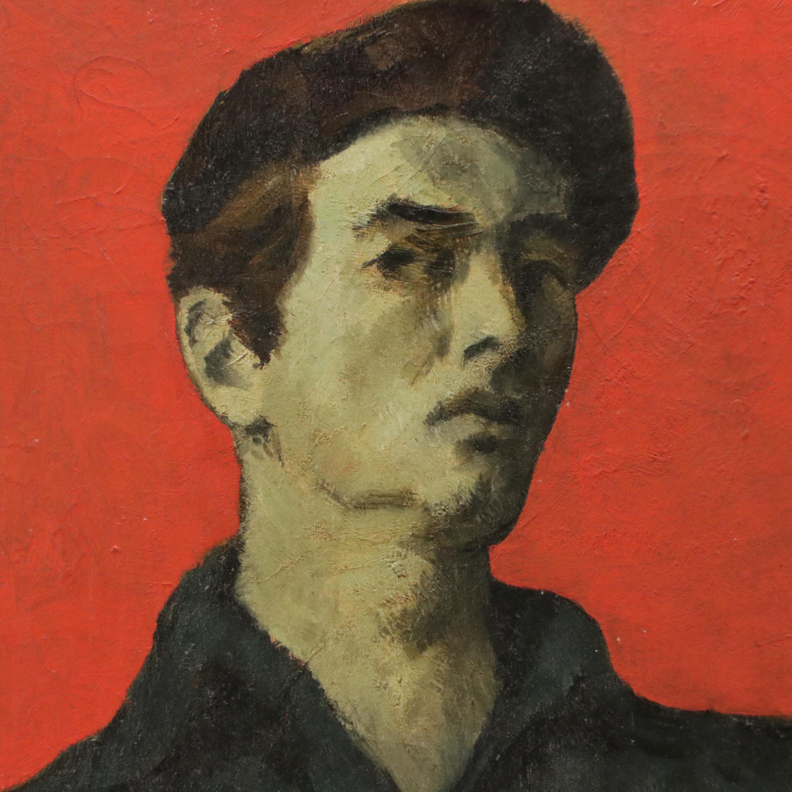 Harvey Shepard Oil Self Portrait with Paintbrush, Mid-20th Century