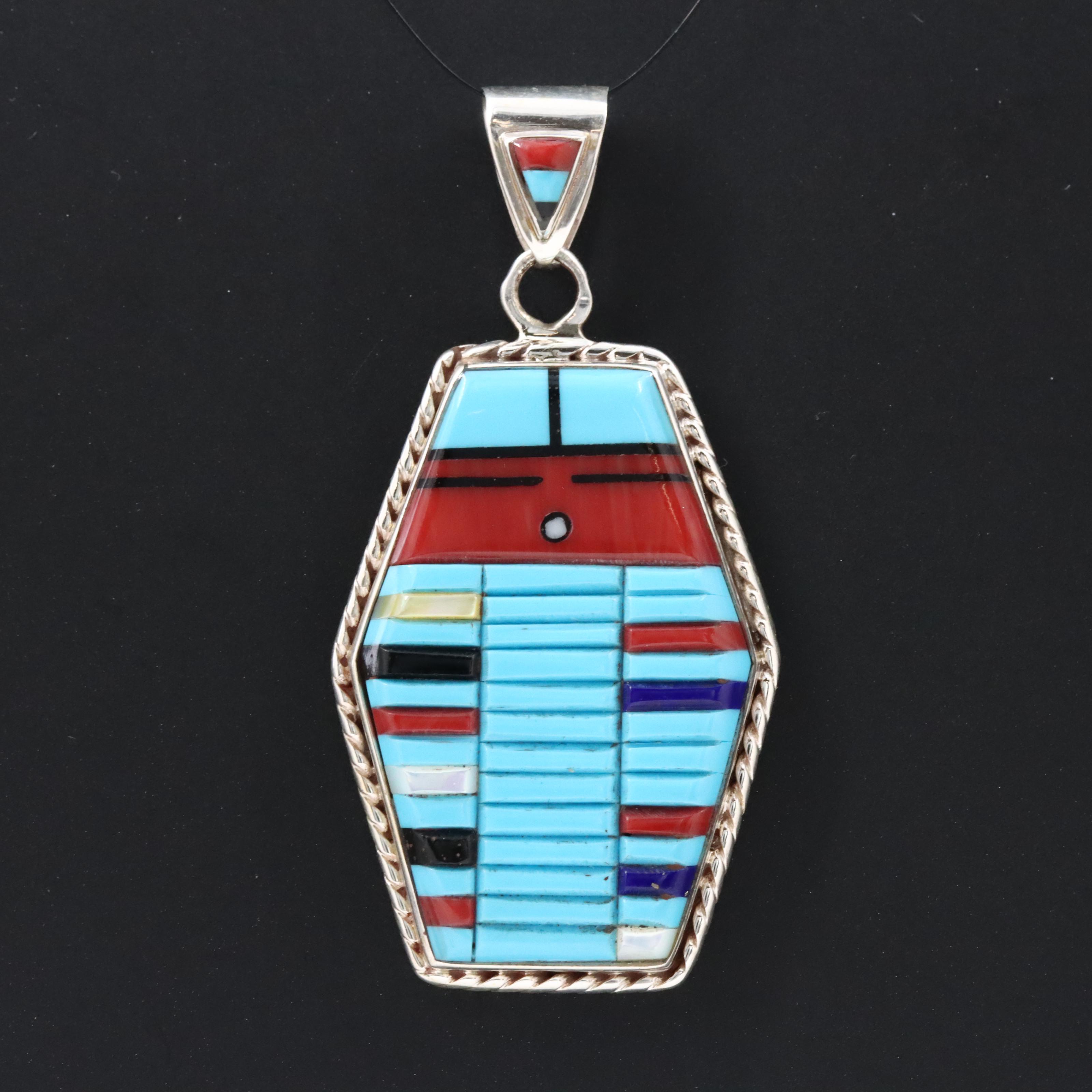 Western Style Sterling Pendant with Turquoise, Coral and Black Onyx