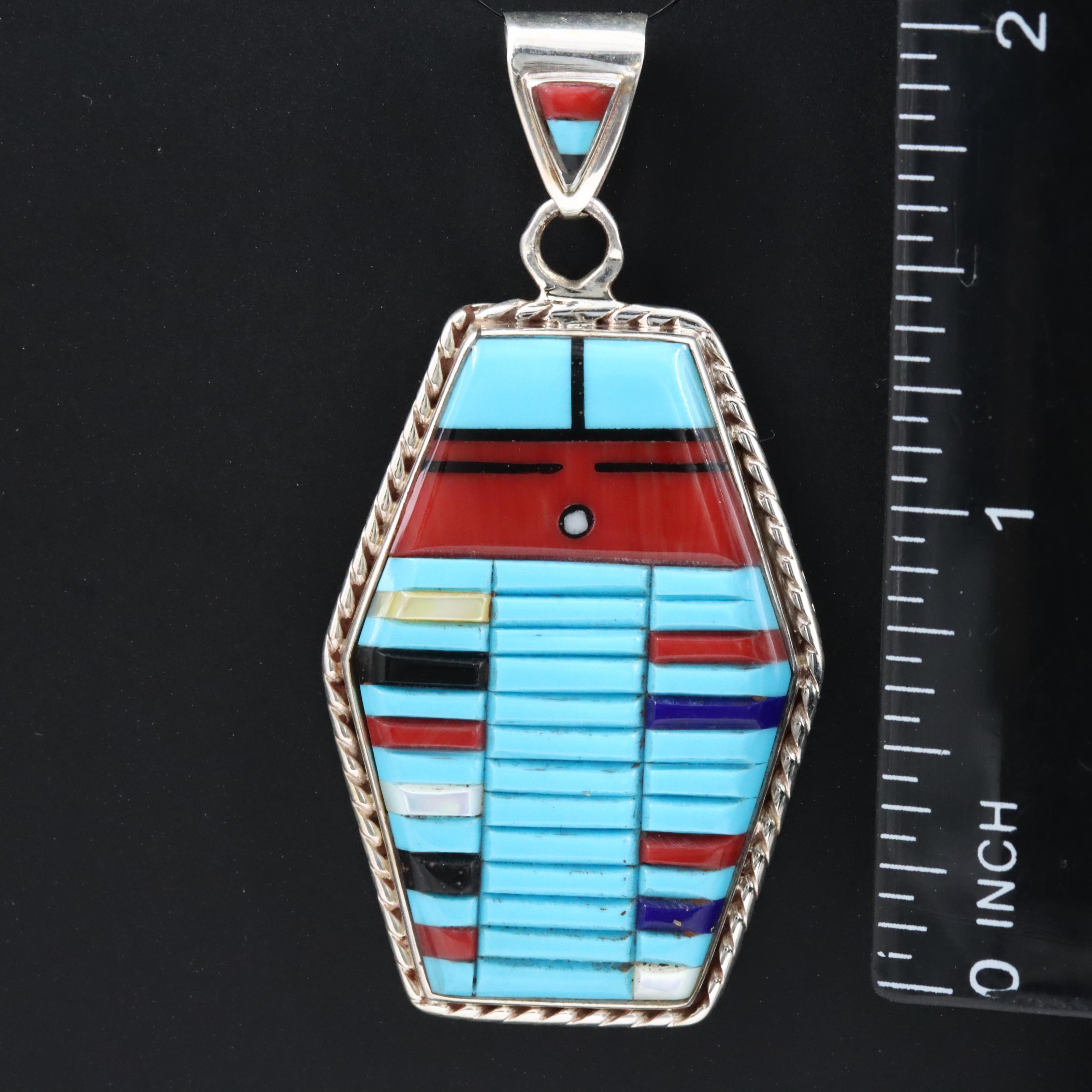 Western Style Sterling Pendant with Turquoise, Coral and Black Onyx