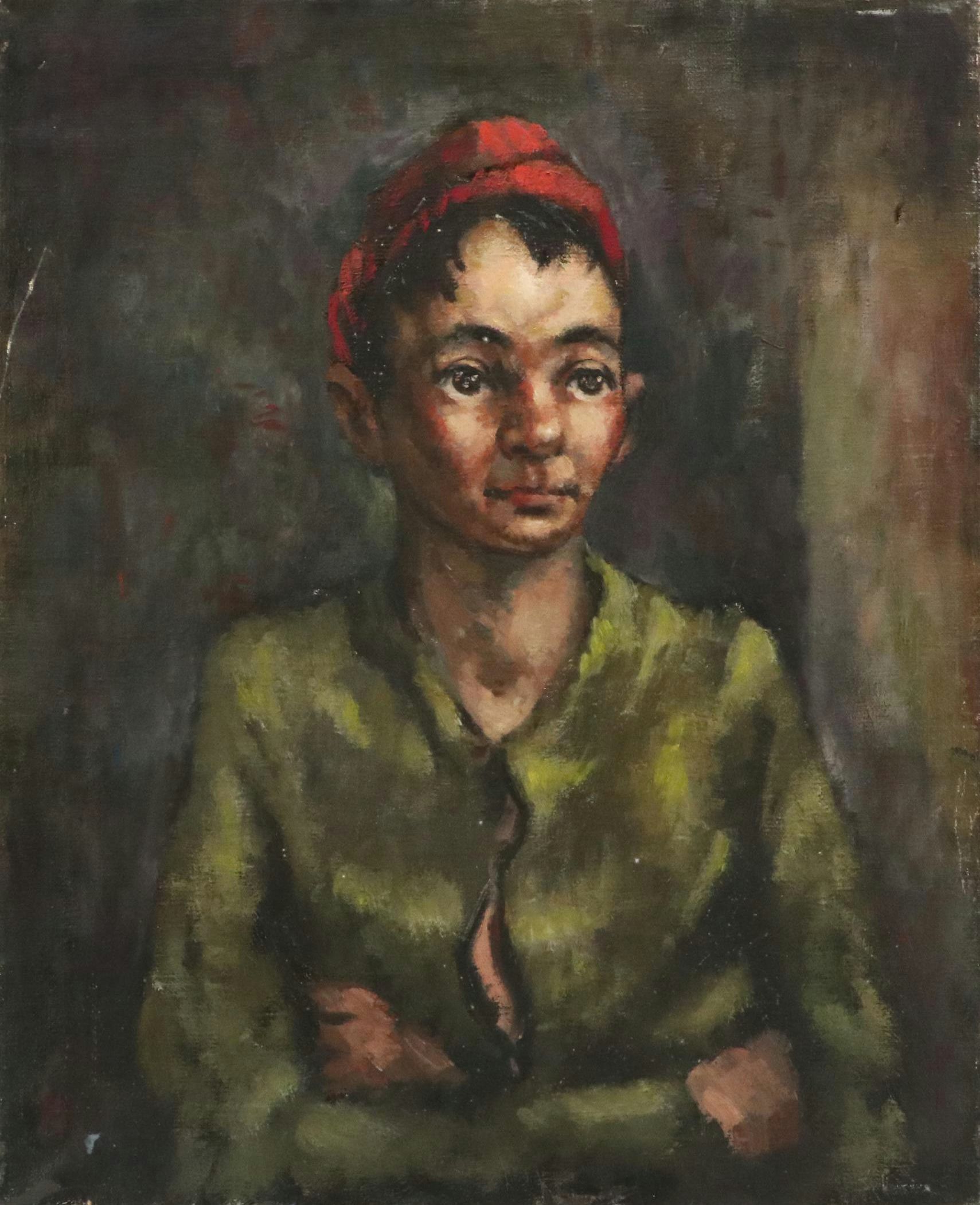 Harvey Shepard Portrait Oil Painting of Boy in Red Cap, Mid-20th Century