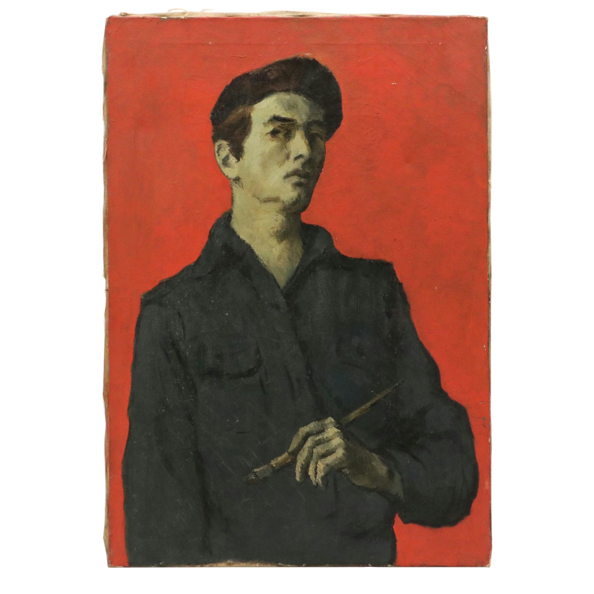 Harvey Shepard Oil Self Portrait with Paintbrush, Mid-20th Century