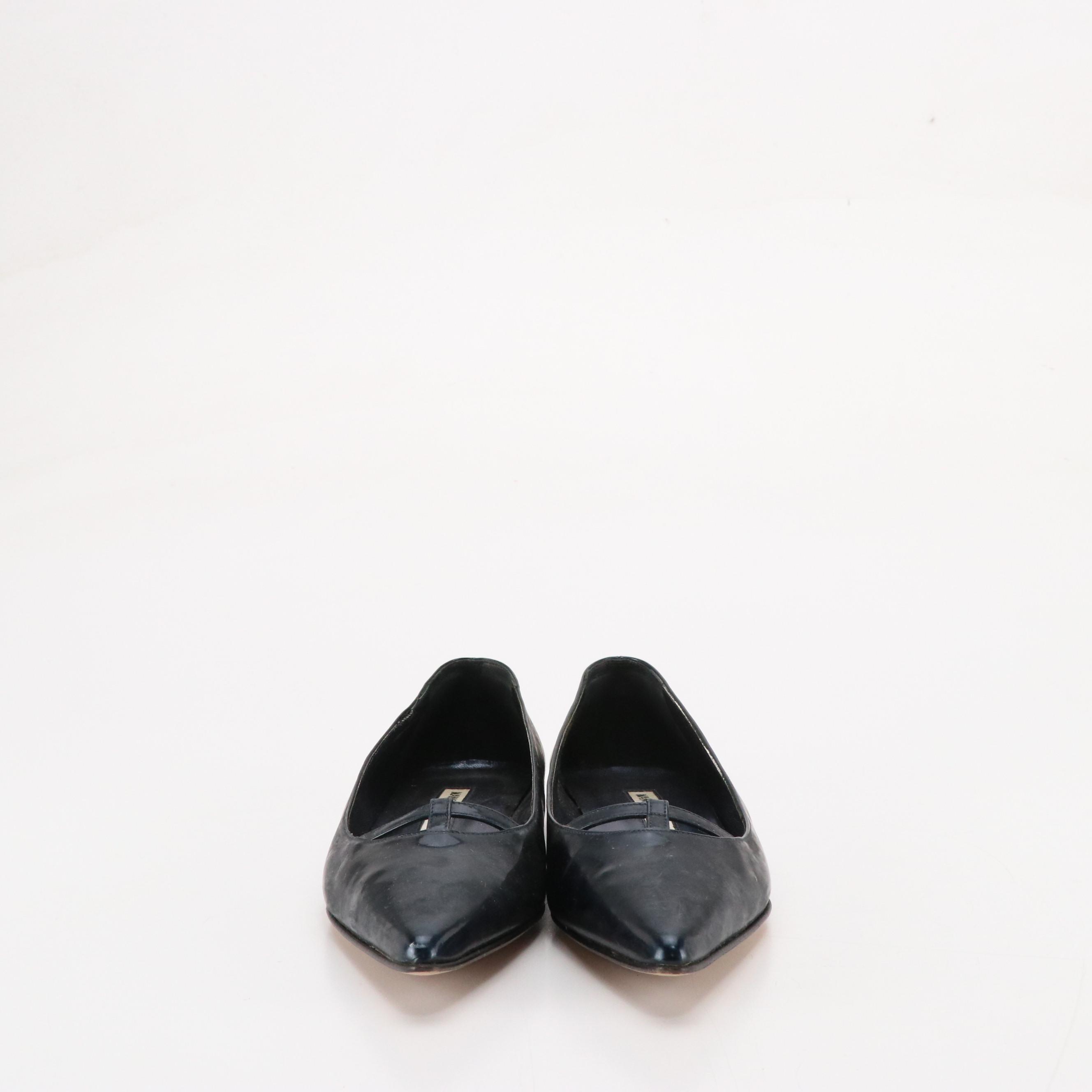 Manolo Blahnik Metallic Blue Patent Leather Pointed-Toe Flats in Box