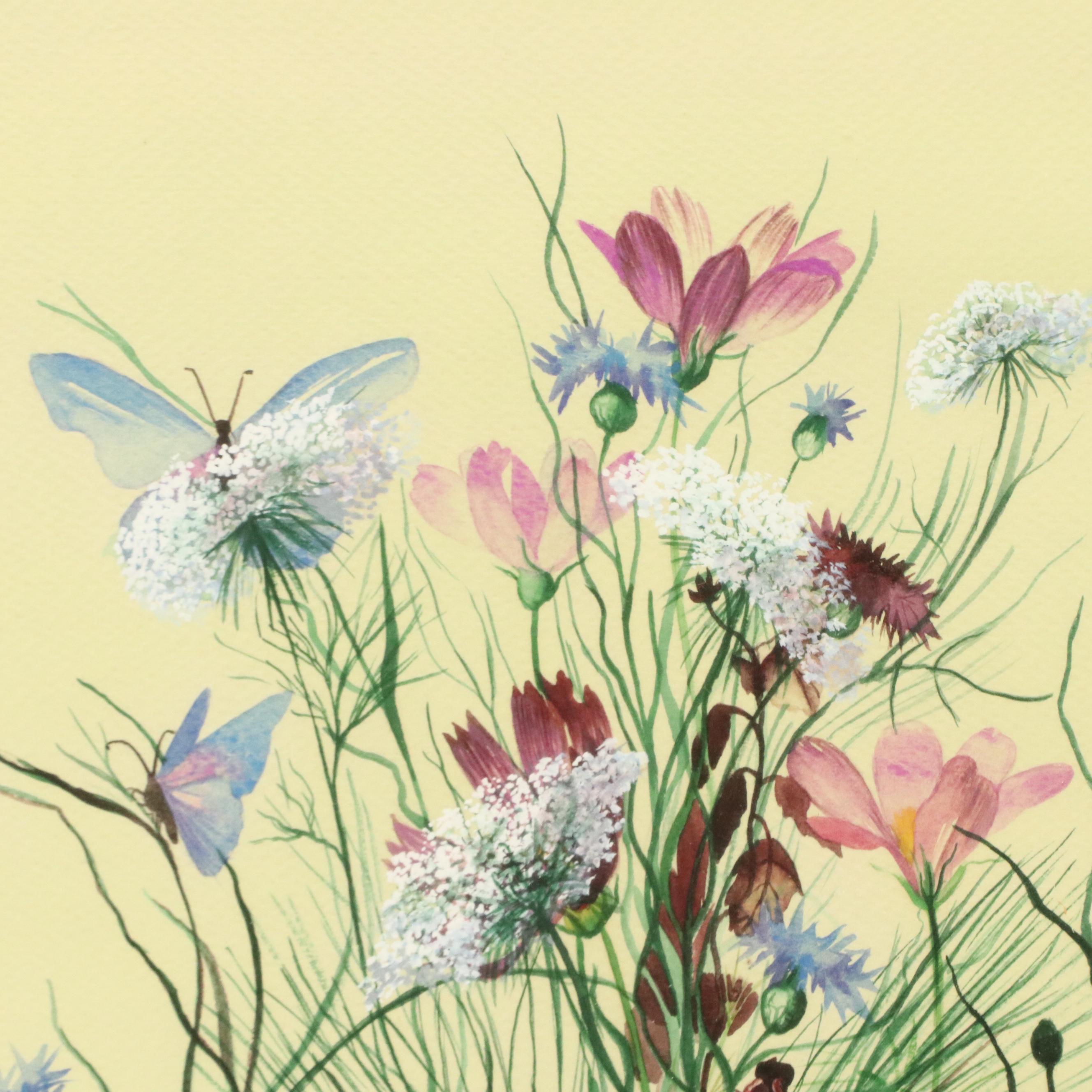Sally Sisson Anderson Gouache Painting of Flowers and Butterflies