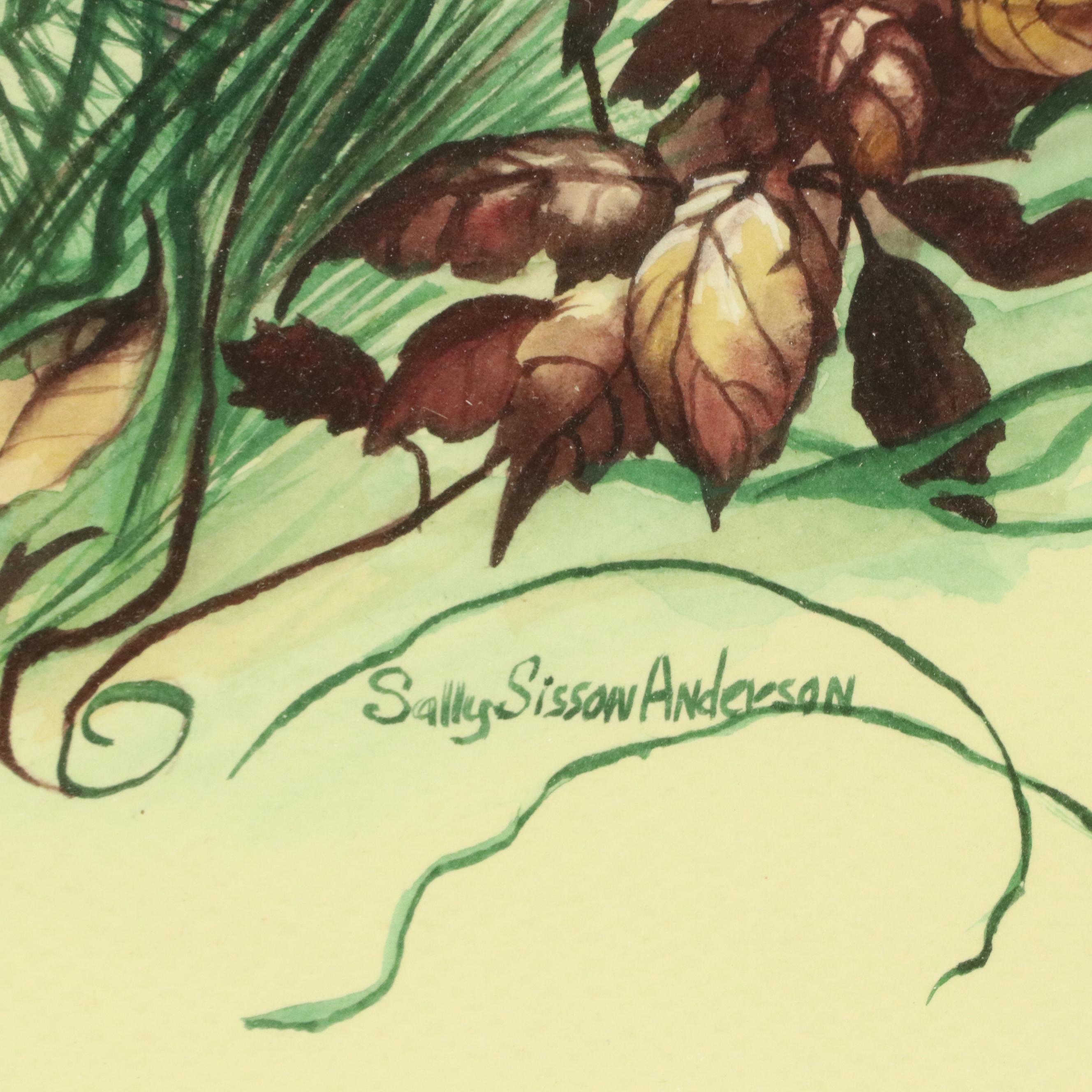 Sally Sisson Anderson Gouache Painting of Flowers and Butterflies