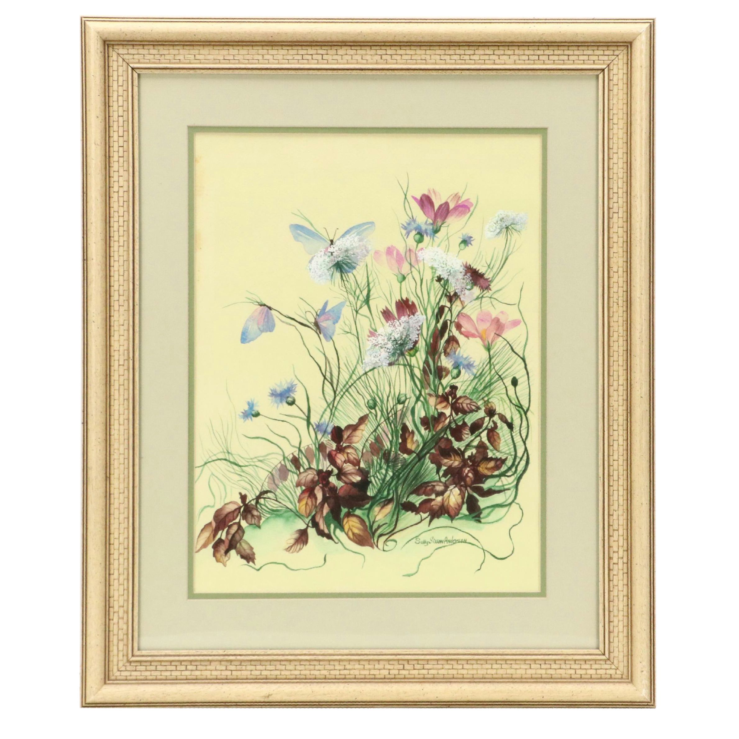 Sally Sisson Anderson Gouache Painting of Flowers and Butterflies