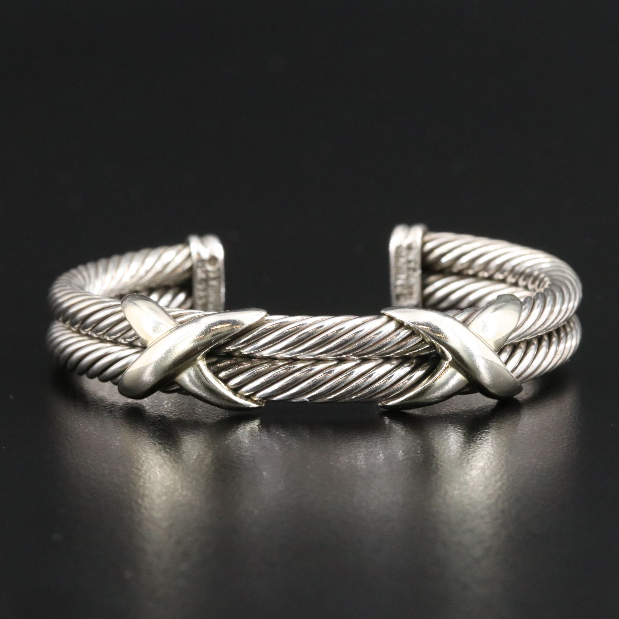 David Yurman Sterling and 14K Double X Cable Cuff Bracelet