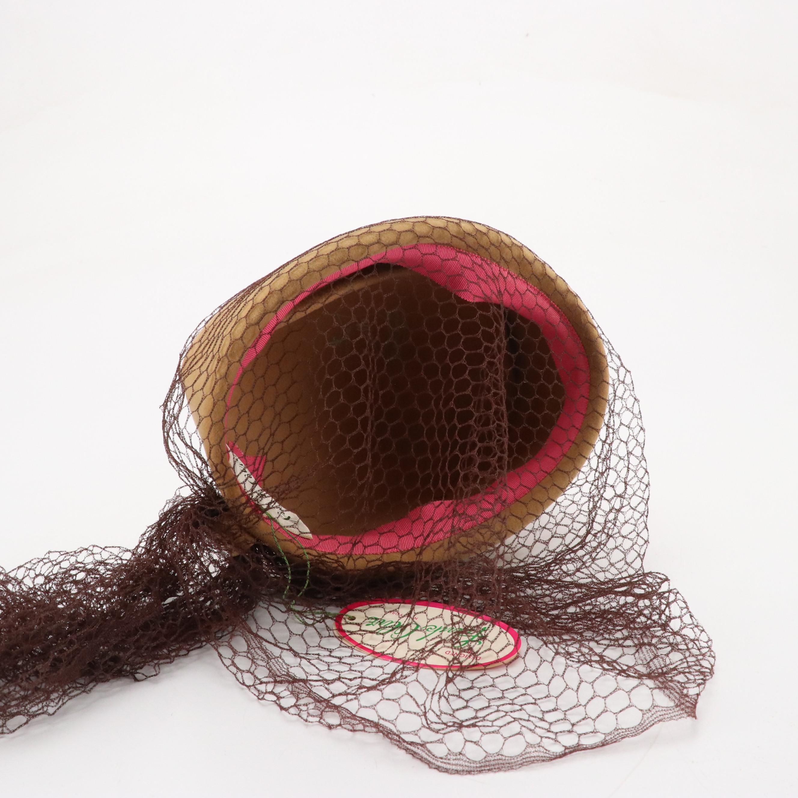 Frank Olive Sculpted Cloche Hat with Veil in Tan Excello Wool Felt