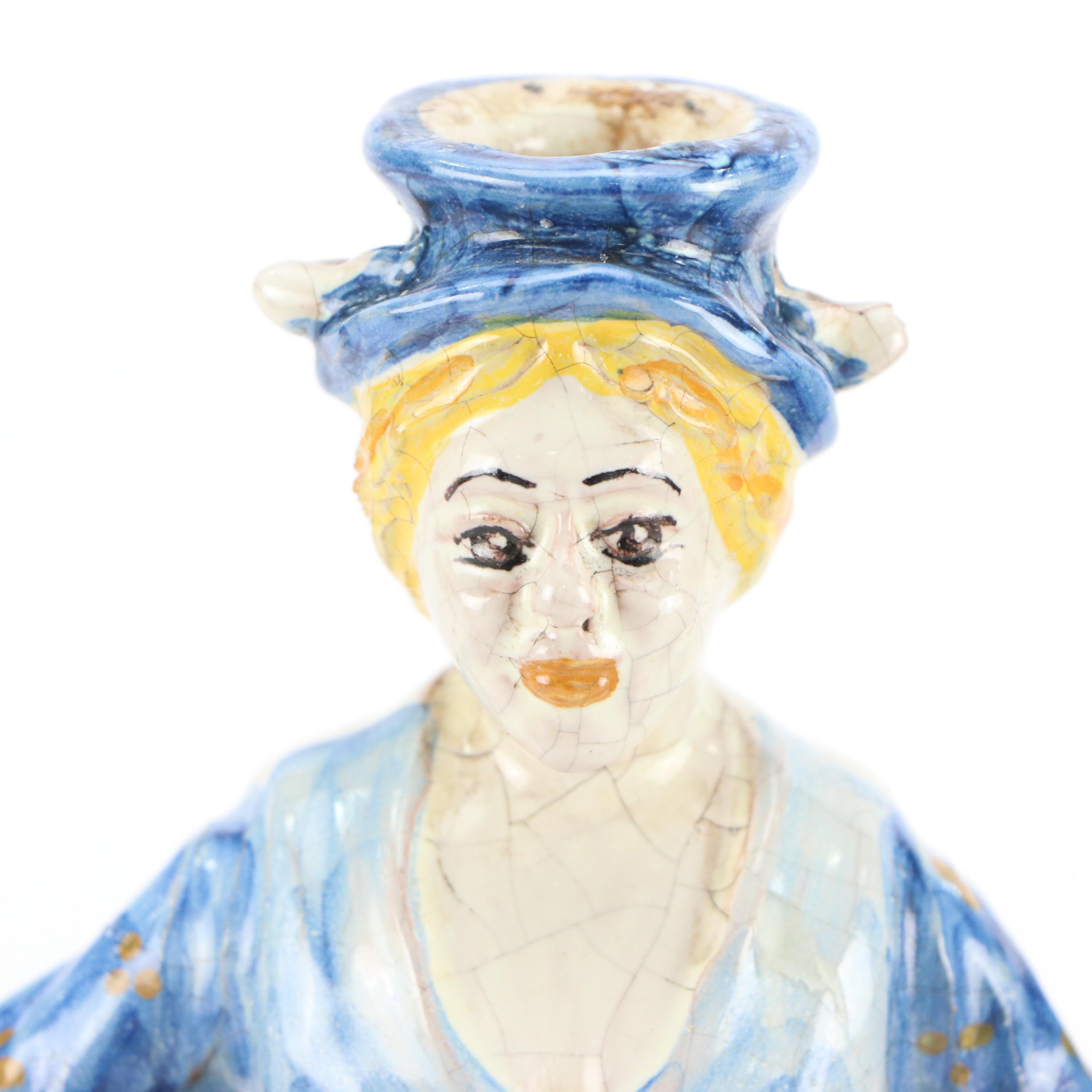 Ernesto Boria Caltagirone Majolica Figural Candlesticks