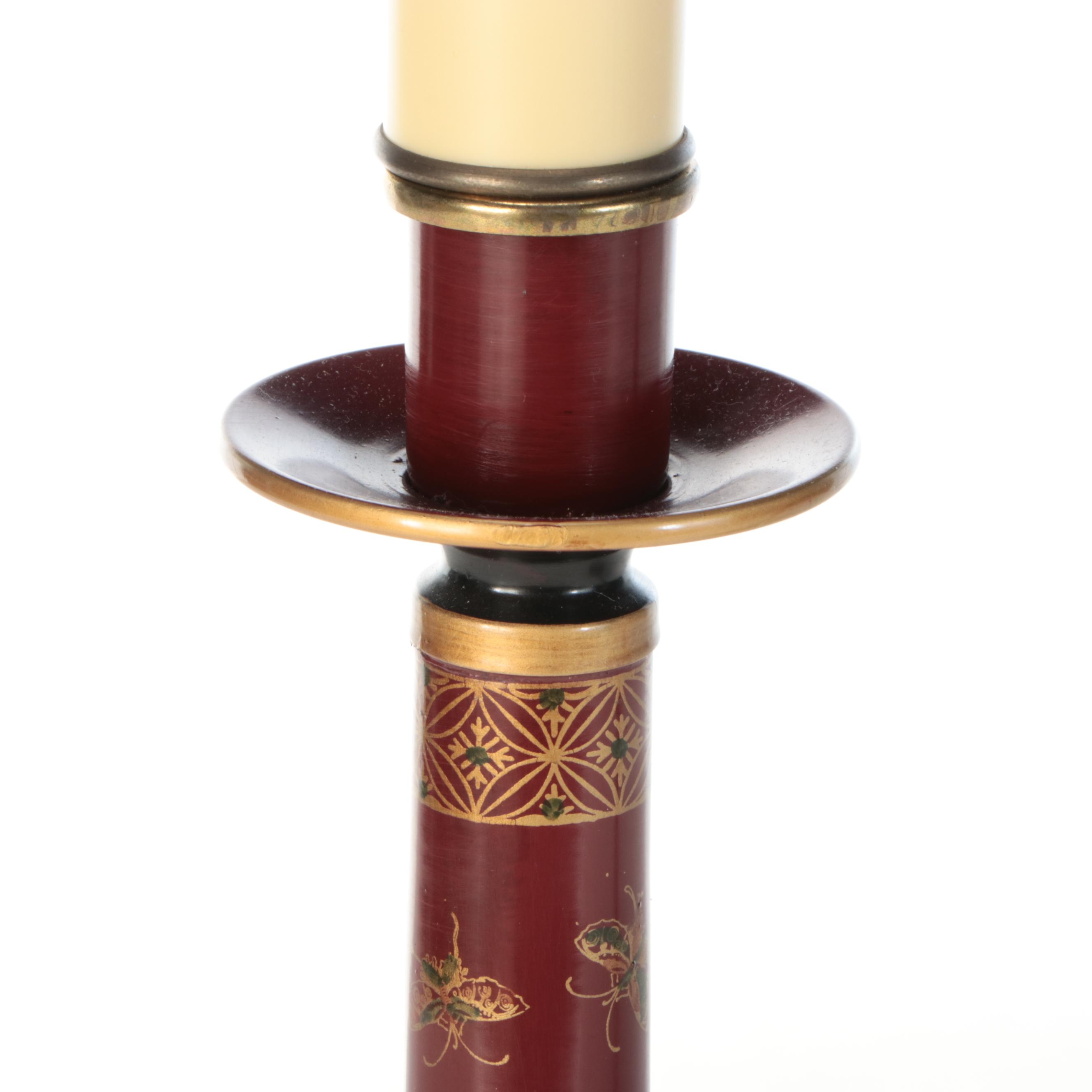Italian Red and Gilt Toleware Candlestick Lamps with Silk-O-Lite Black Shades