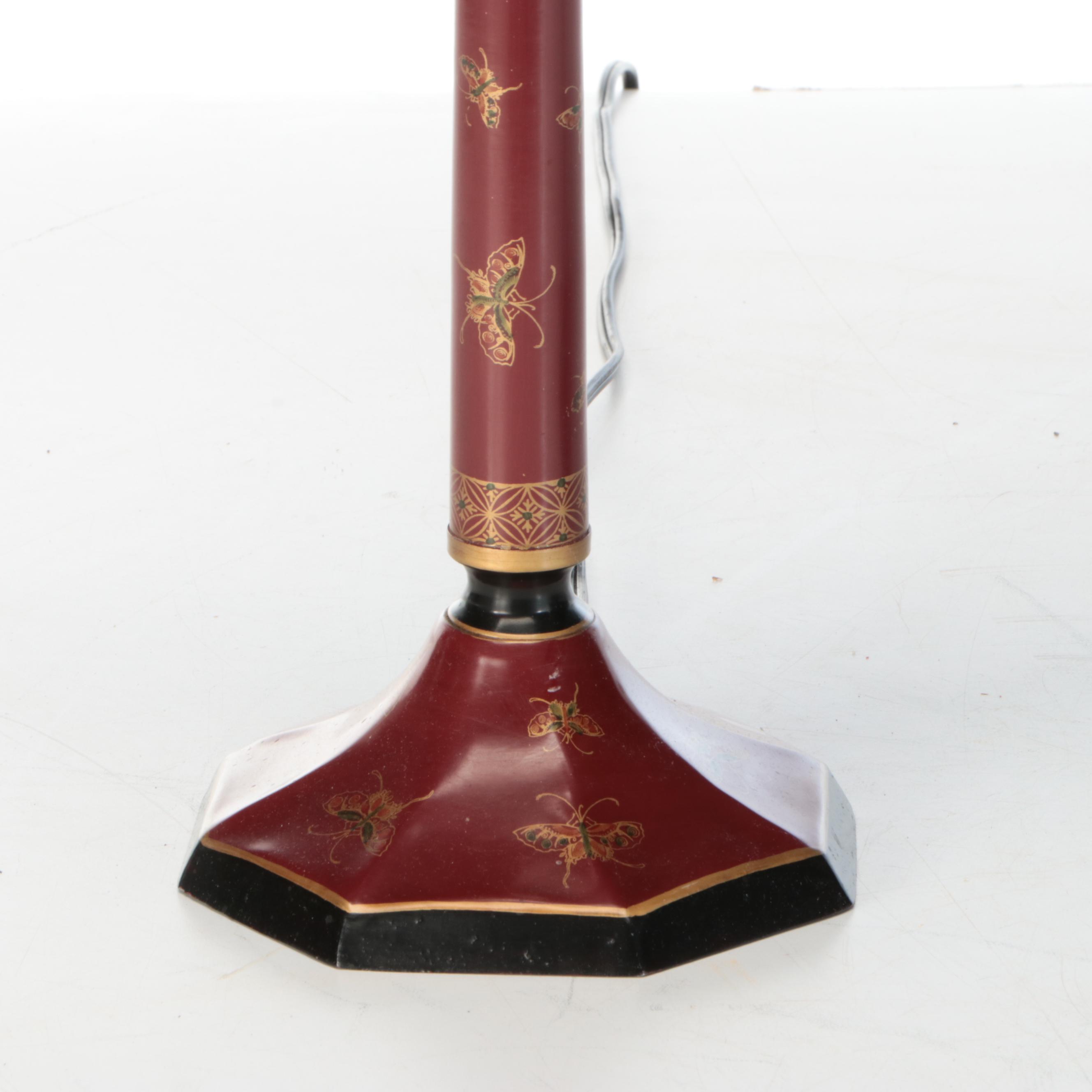 Italian Red and Gilt Toleware Candlestick Lamps with Silk-O-Lite Black Shades