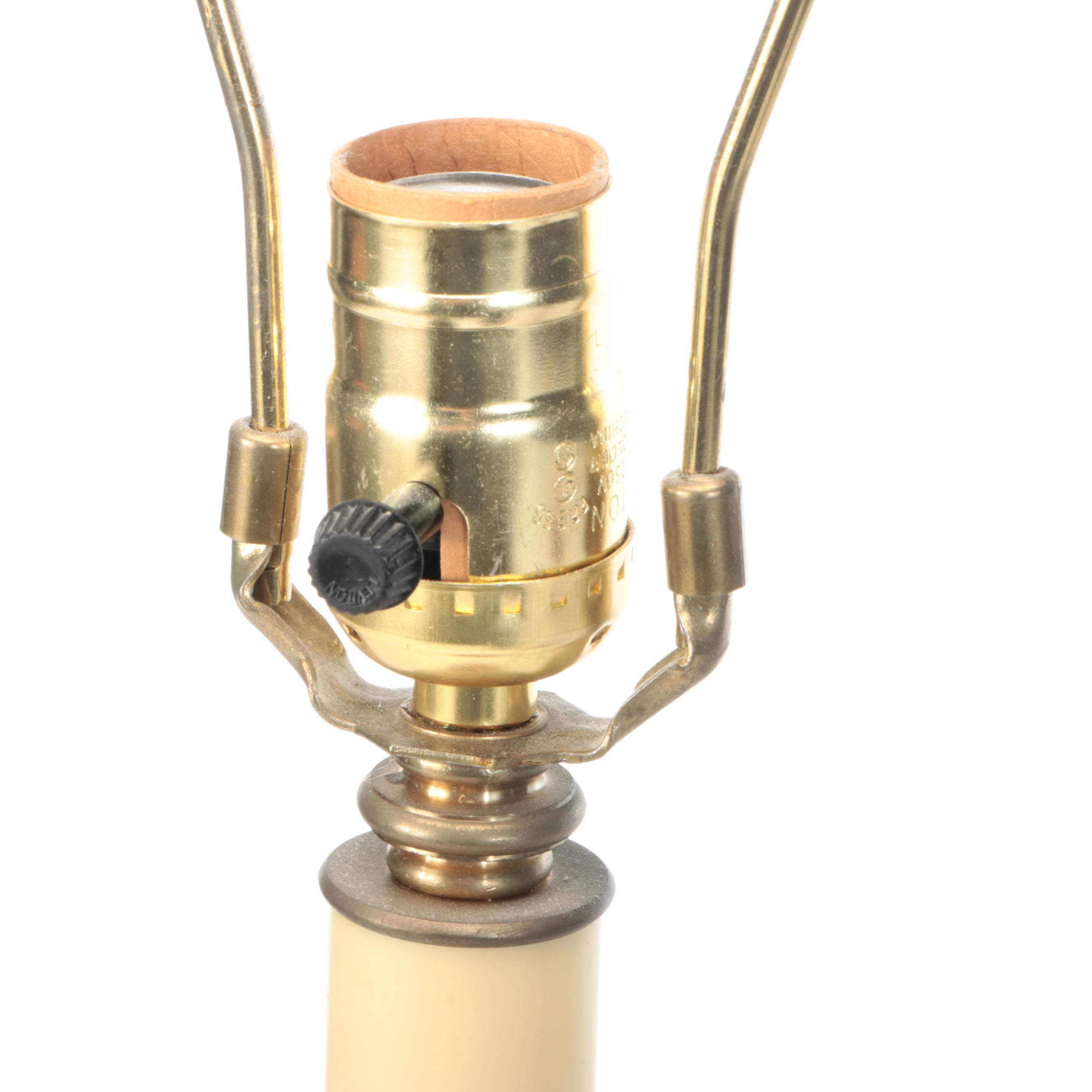 Italian Red and Gilt Toleware Candlestick Lamps with Silk-O-Lite Black Shades