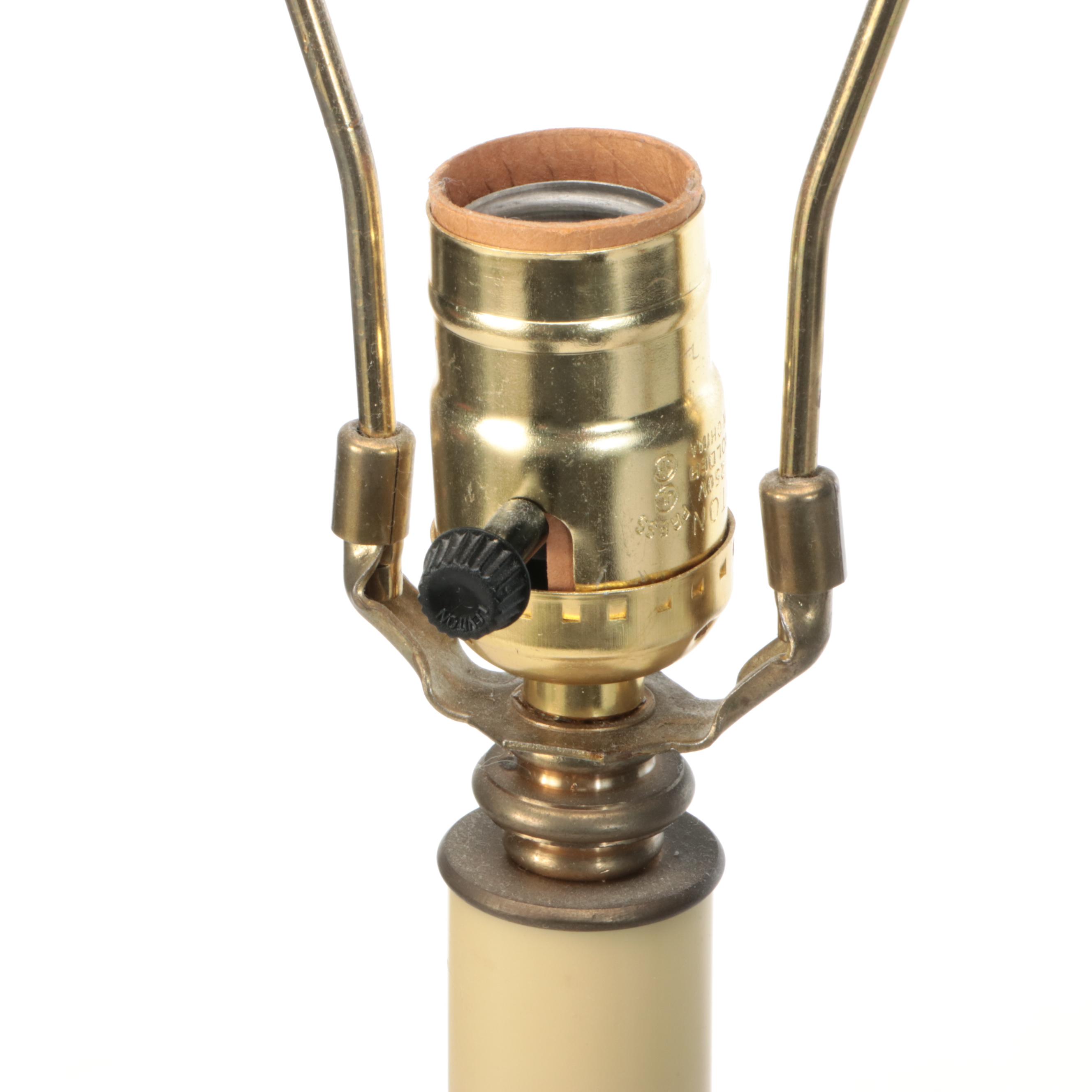 Italian Red and Gilt Toleware Candlestick Lamps with Silk-O-Lite Black Shades