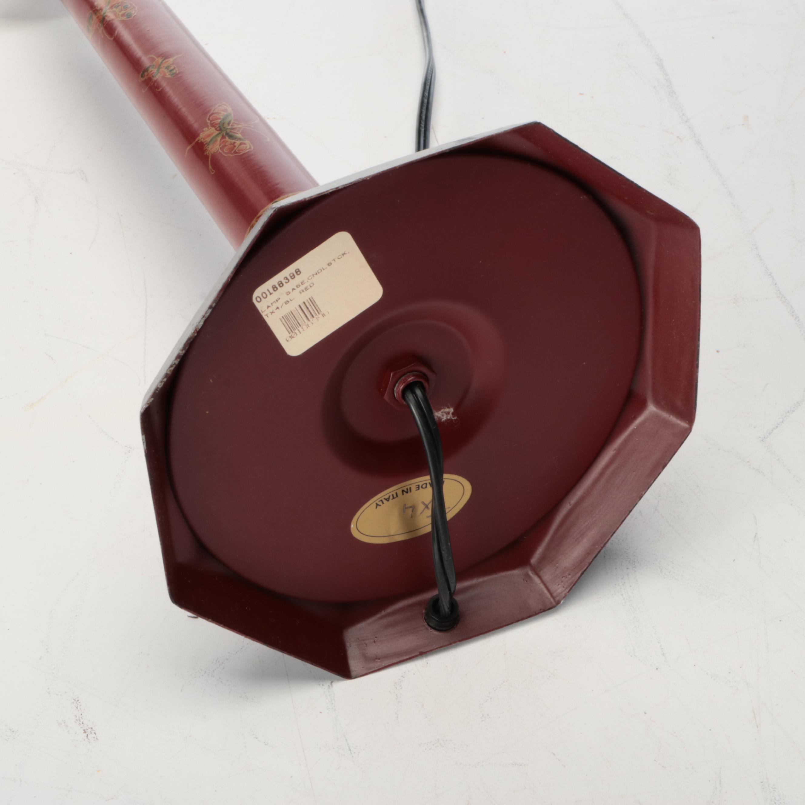 Italian Red and Gilt Toleware Candlestick Lamps with Silk-O-Lite Black Shades