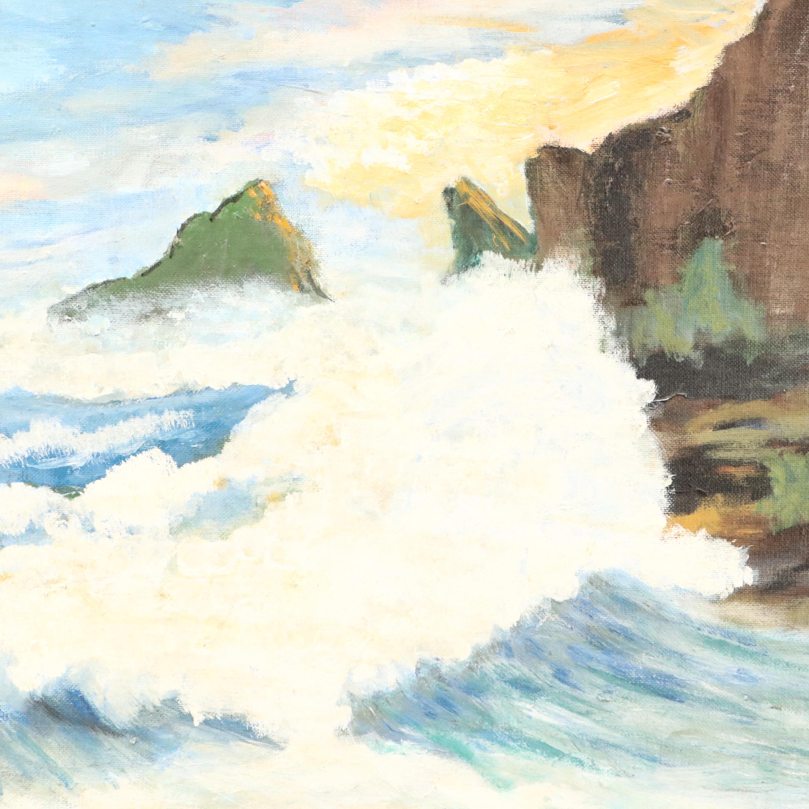 Laverne McQueary Seascape Acrylic Painting with Waves, Late 20th Century