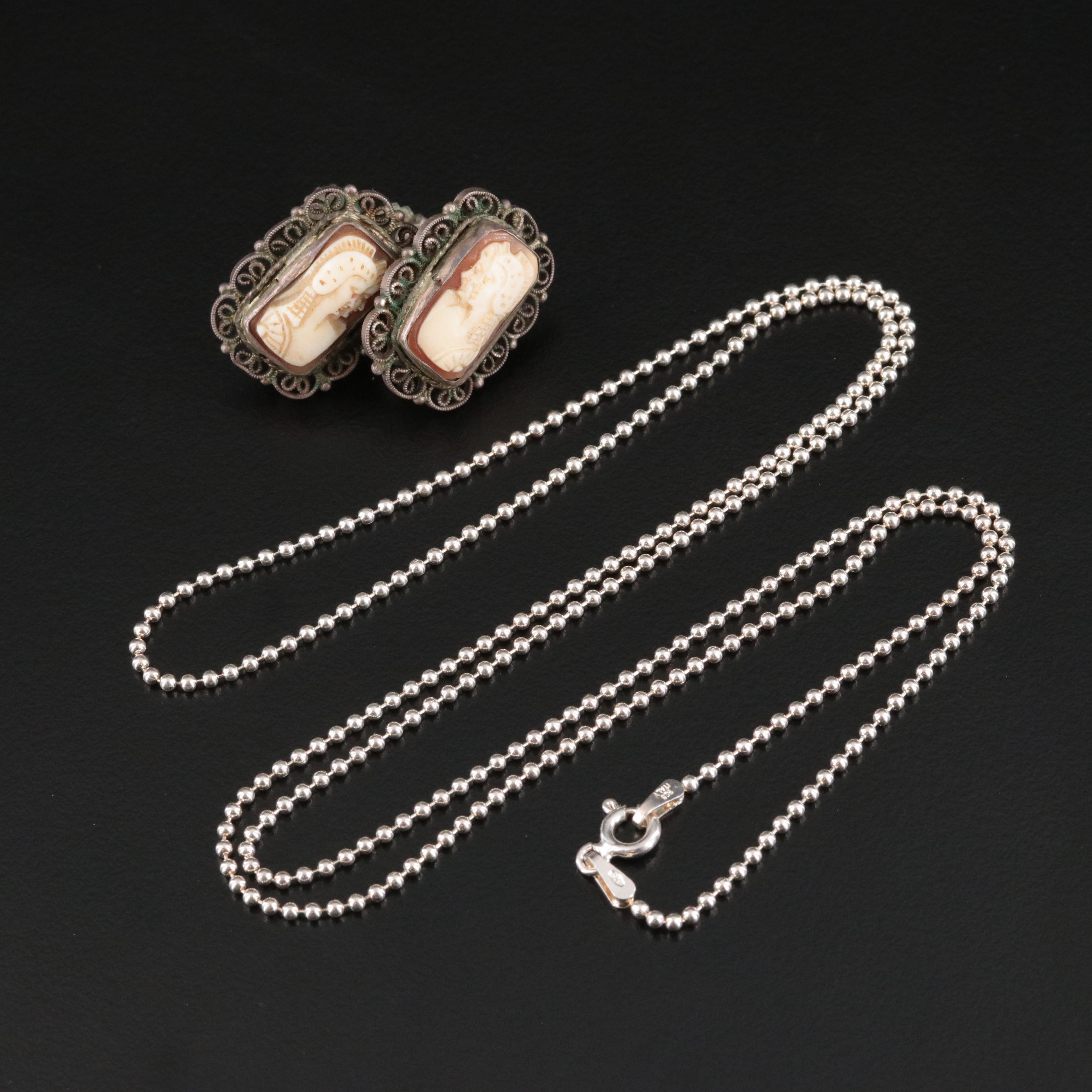 800 Silver Shell Cameo Earrings and Sterling Bead Chain Necklace