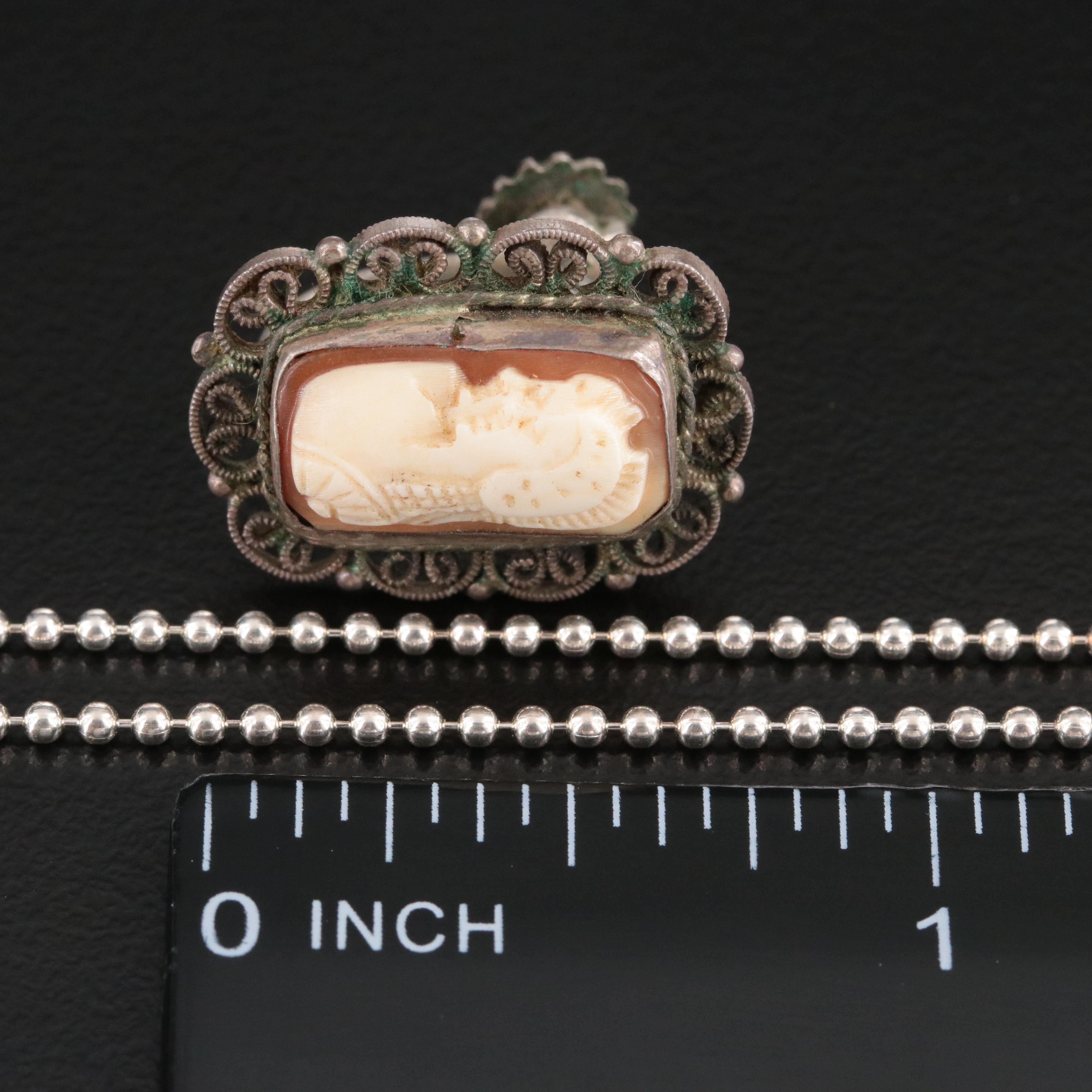 800 Silver Shell Cameo Earrings and Sterling Bead Chain Necklace