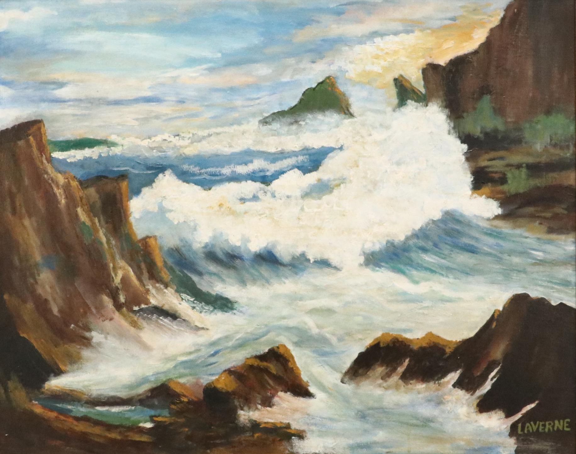 Laverne McQueary Seascape Acrylic Painting with Waves, Late 20th Century