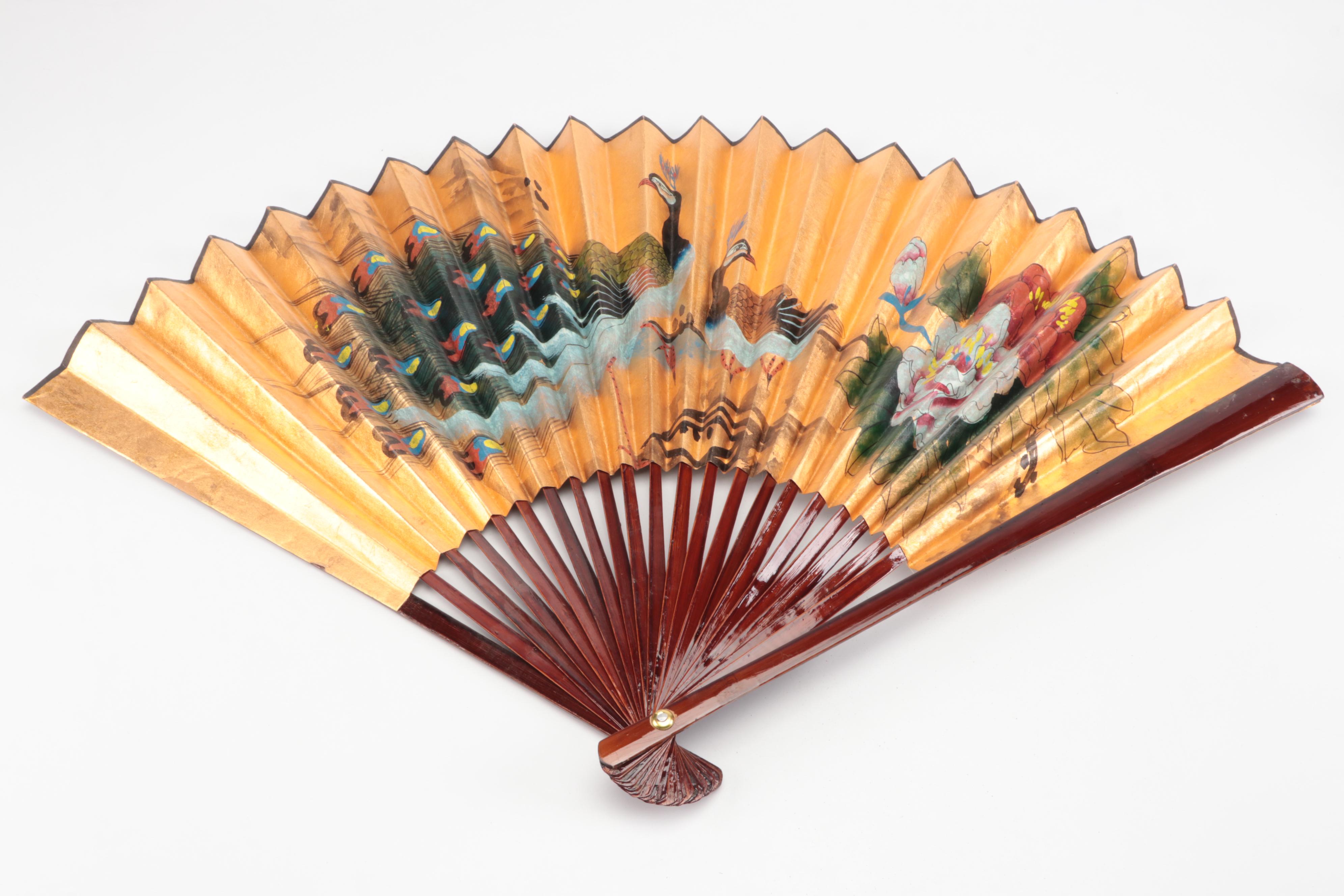 Japanese Gilt Paper Peacock Fan with Other Decorative Fabric Fan