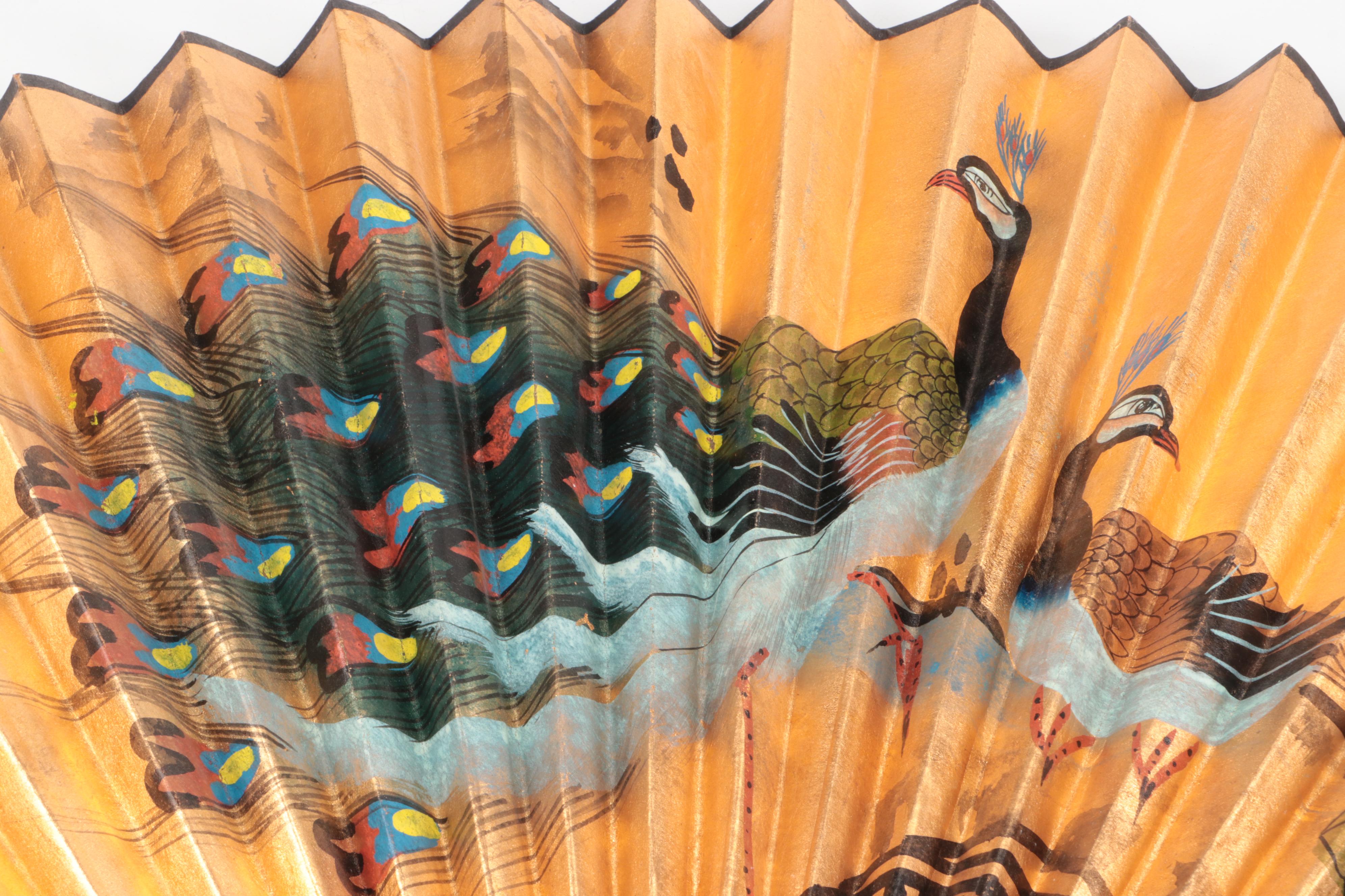 Japanese Gilt Paper Peacock Fan with Other Decorative Fabric Fan