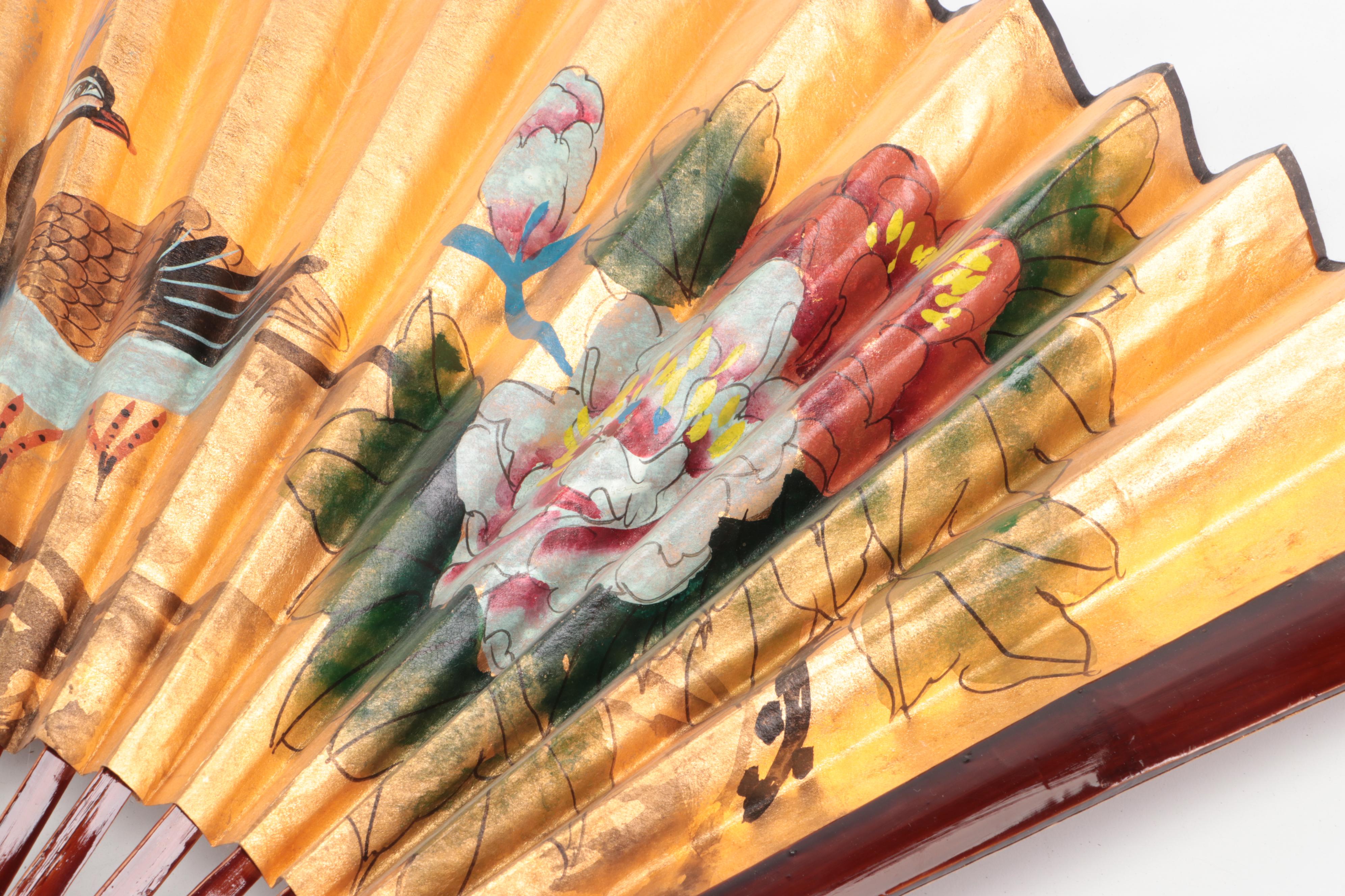 Japanese Gilt Paper Peacock Fan with Other Decorative Fabric Fan