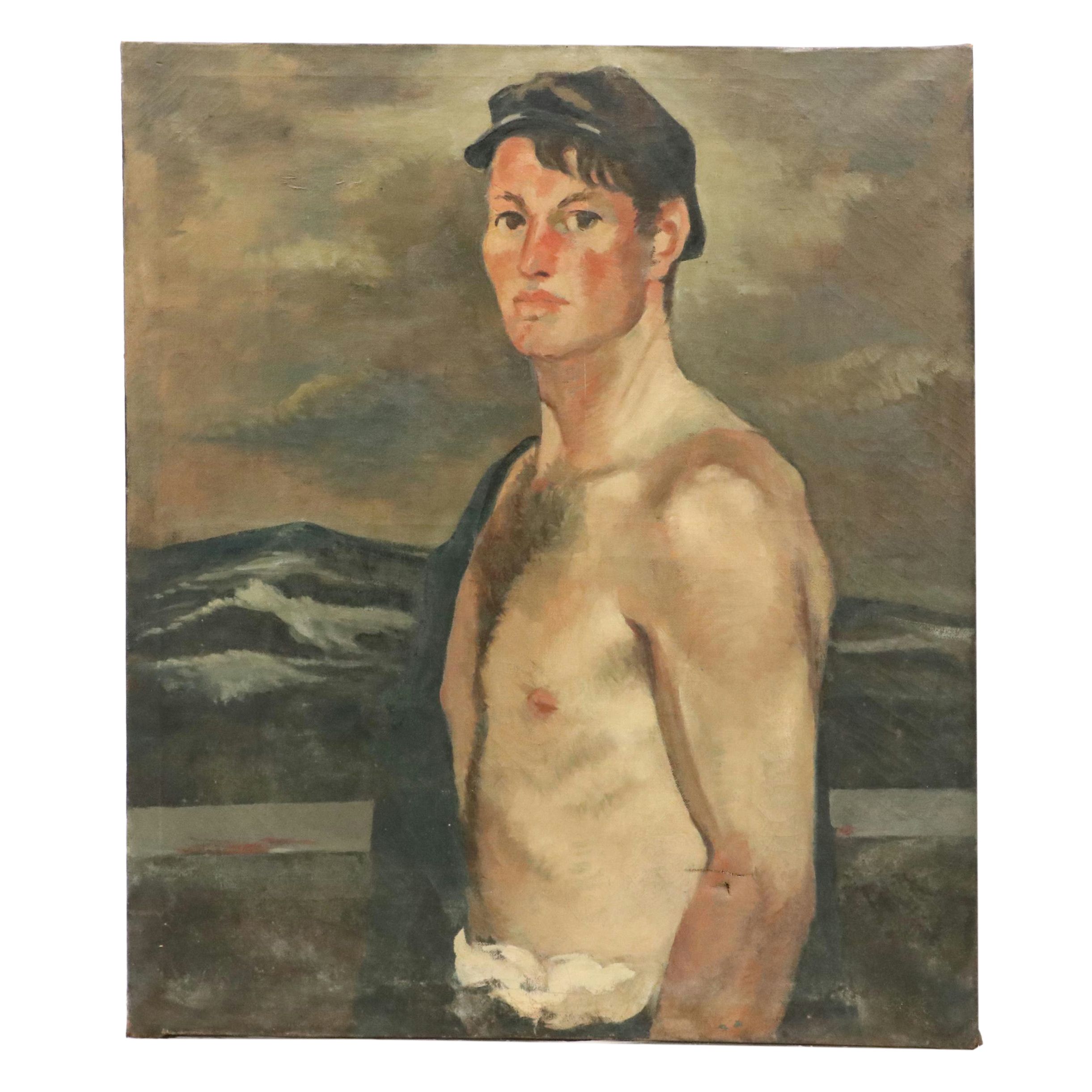 Harvey Shepard Oil Portrait of Man with Seascape, Mid-20th Century