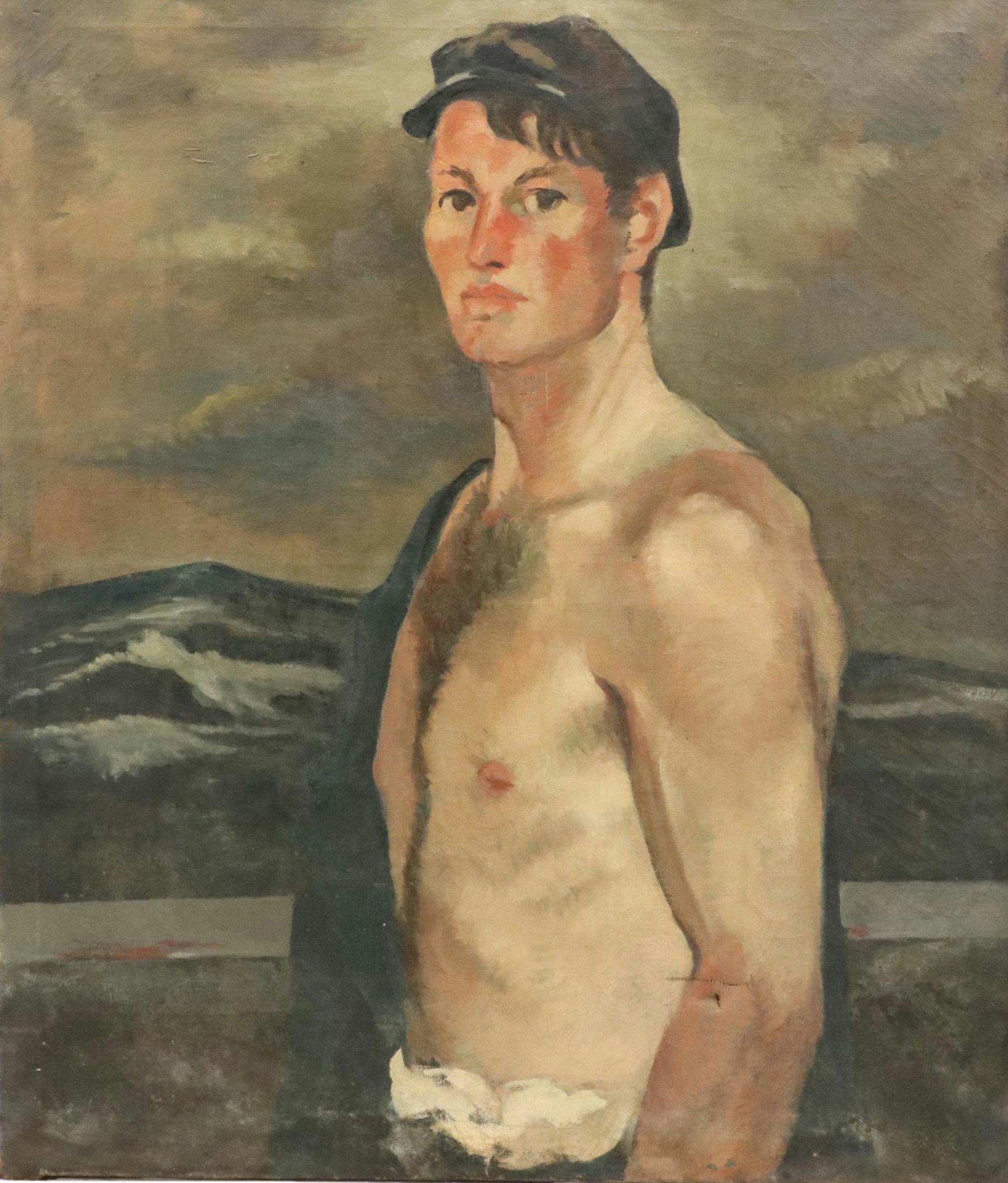Harvey Shepard Oil Portrait of Man with Seascape, Mid-20th Century