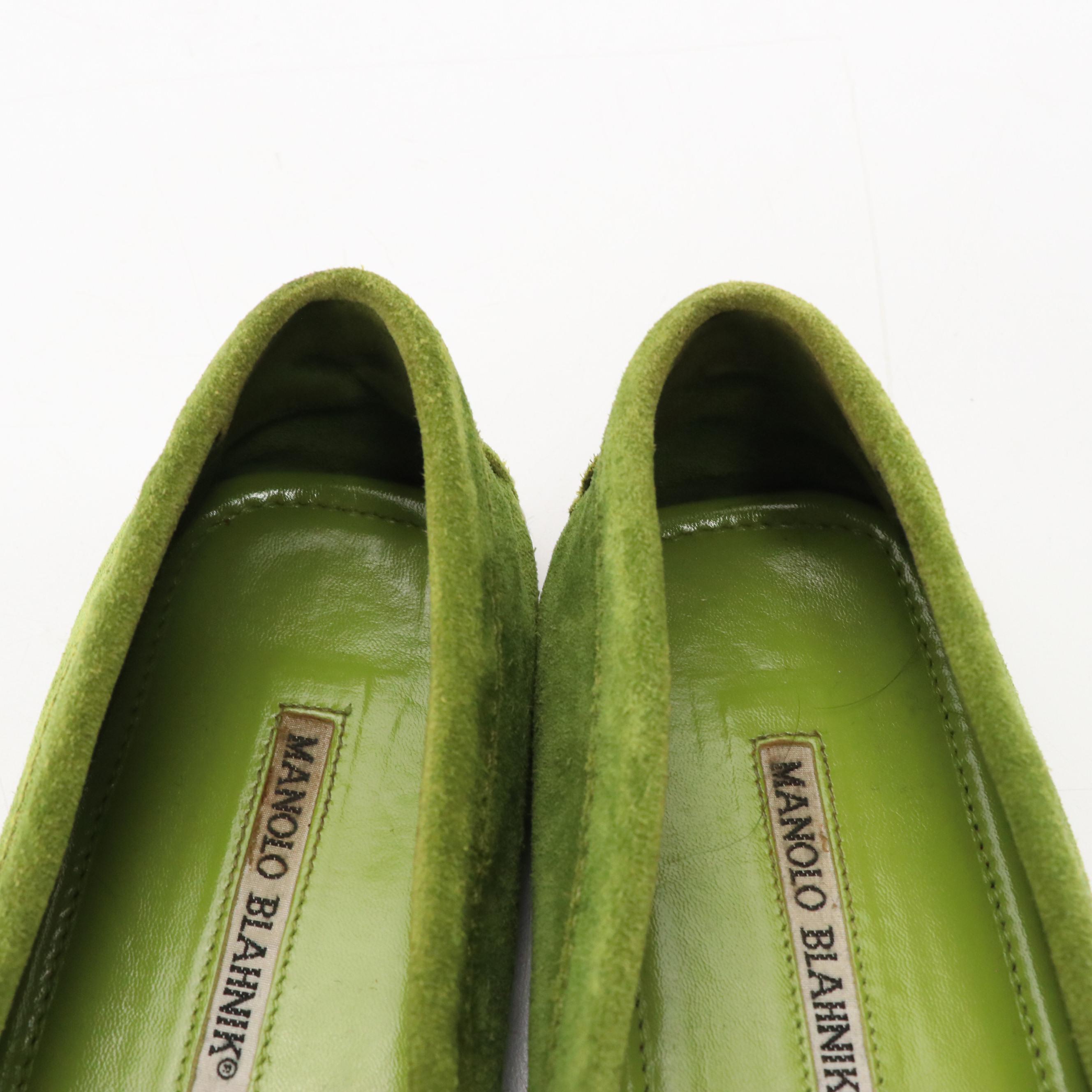 Manolo Blahnik Green Suede Penny Loafers in Box