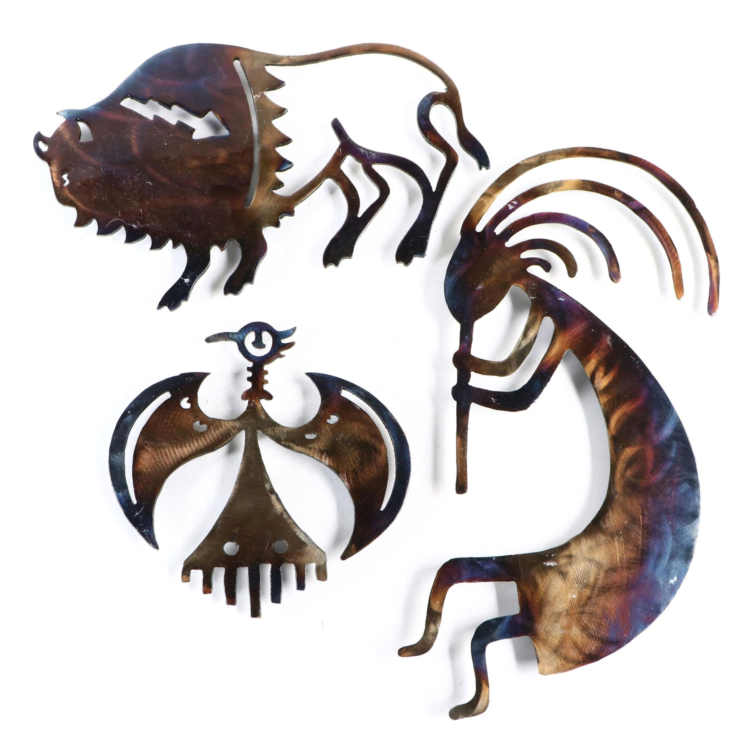 Southwestern Heat-Colored Metal Kokopelli, Peyote Bird & Buffalo Wall Hangings