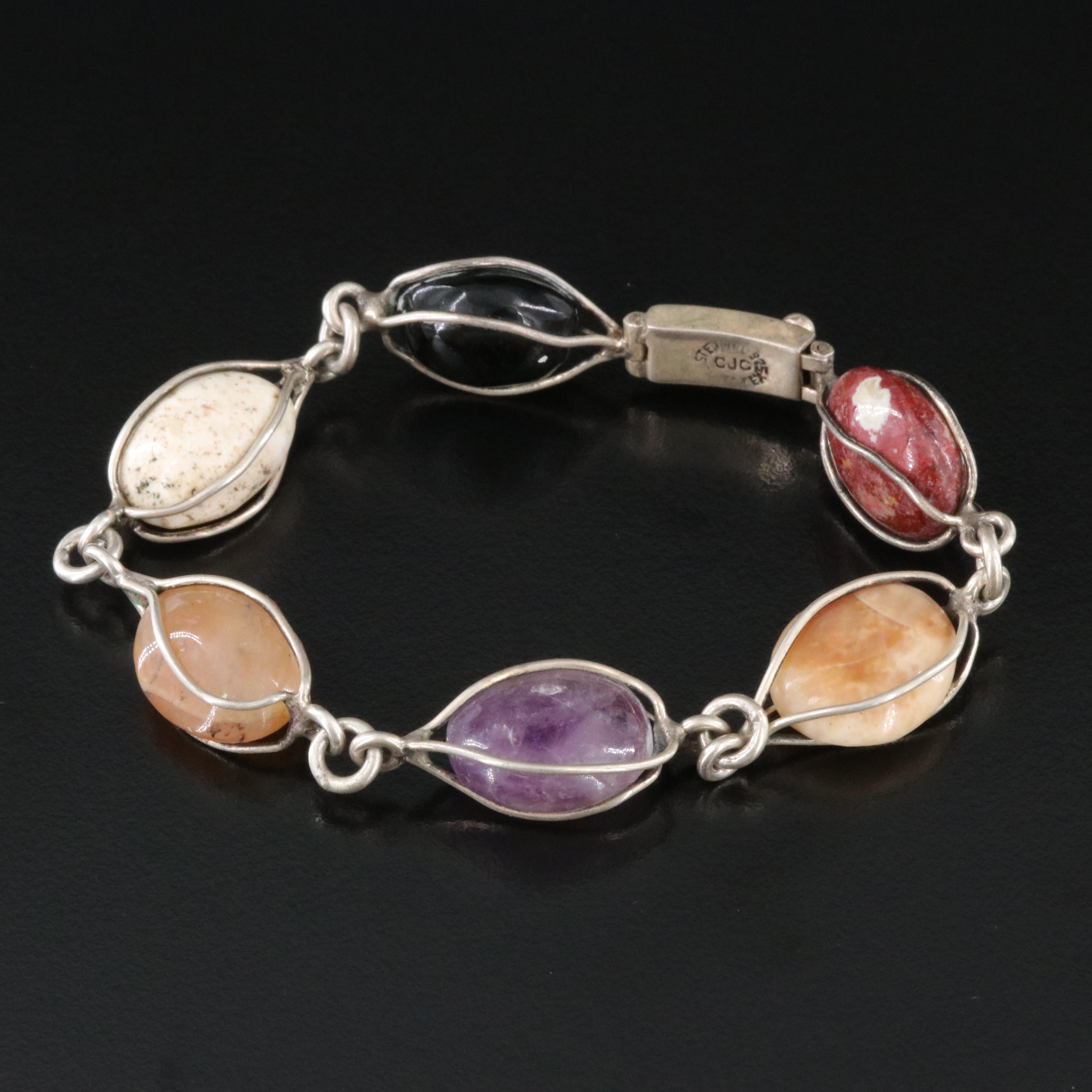 Vintage Taxco Sterling Bracelet Including Amber, Jasper and Obsidian
