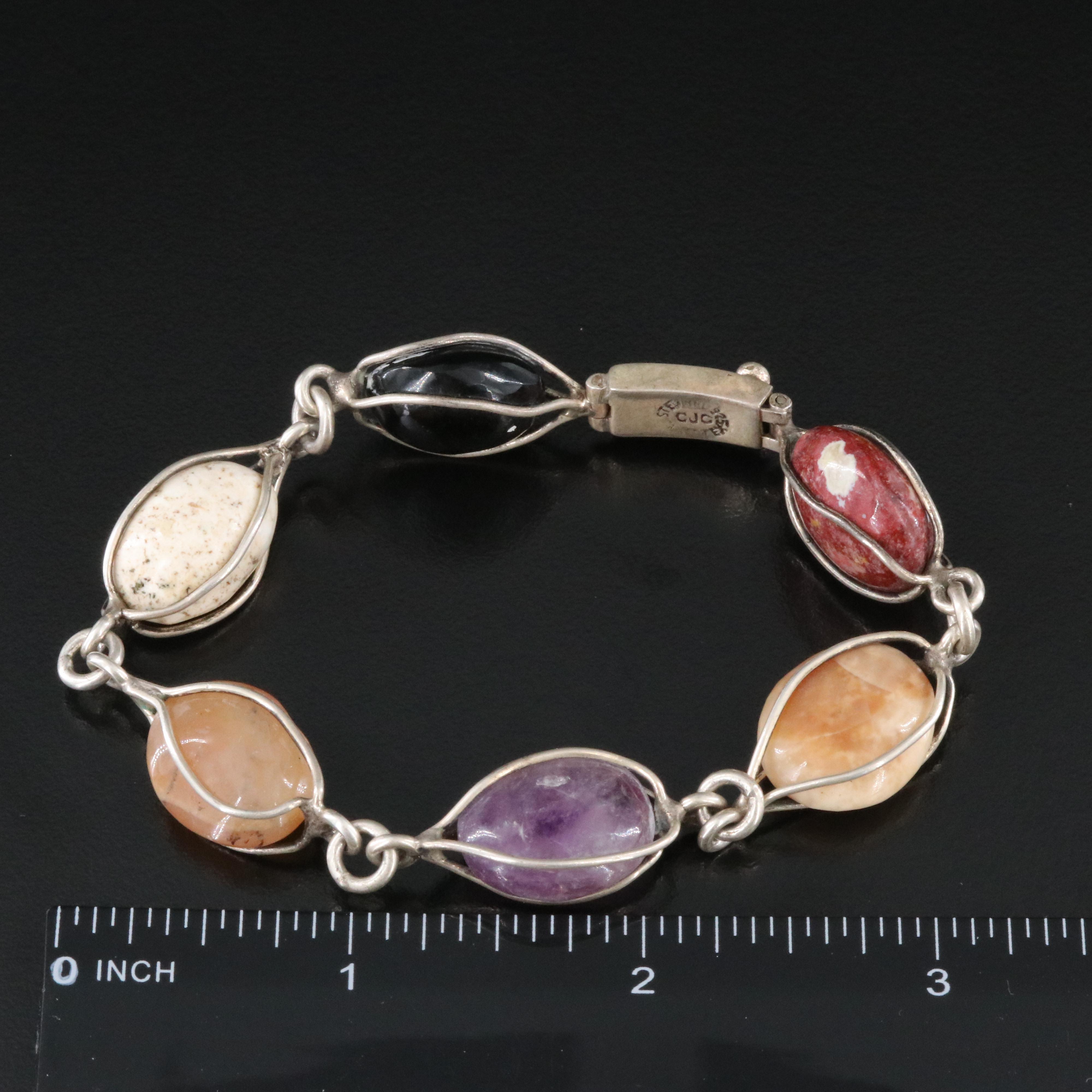 Vintage Taxco Sterling Bracelet Including Amber, Jasper and Obsidian