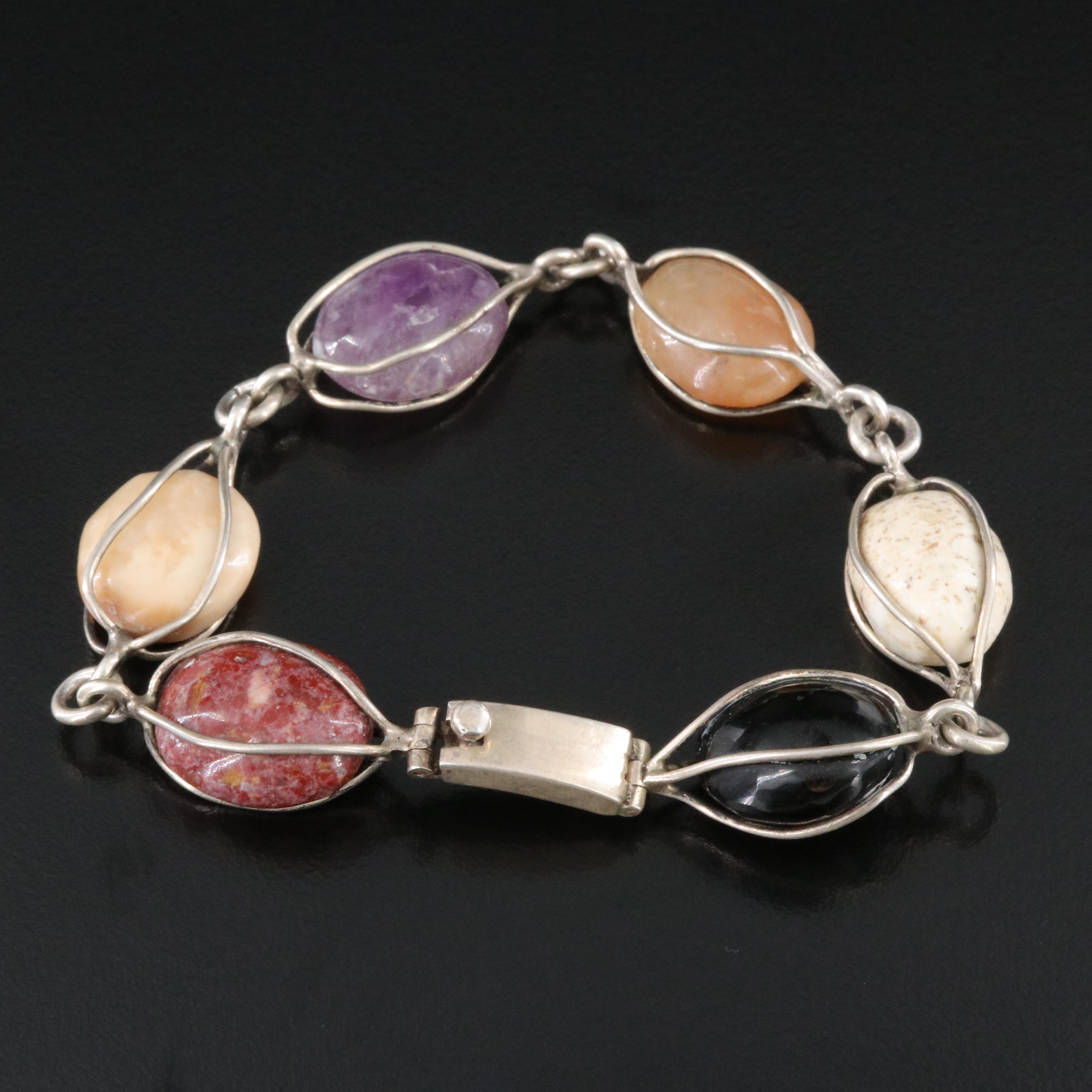 Vintage Taxco Sterling Bracelet Including Amber, Jasper and Obsidian