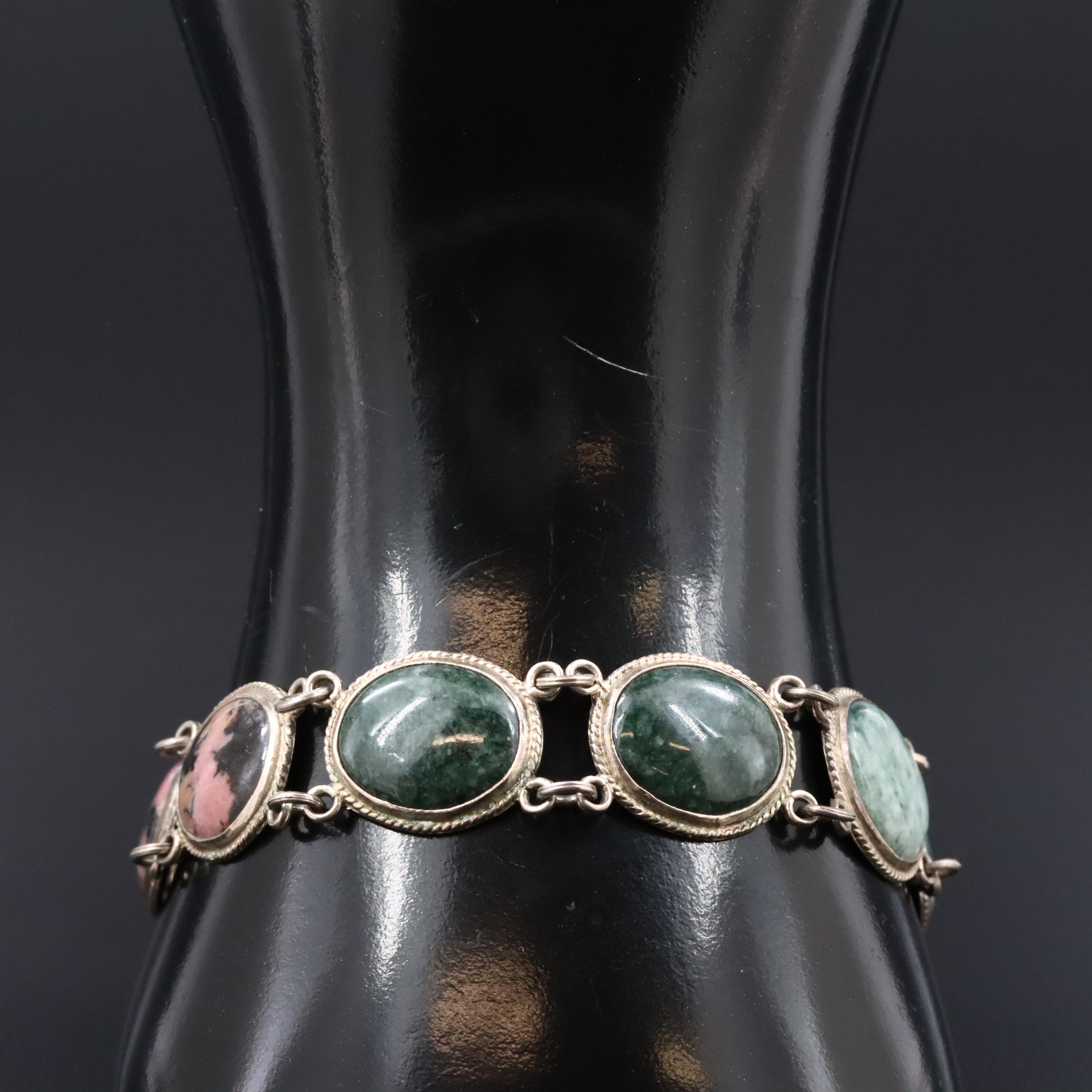 Sterling Gemstone Bracelet with Rhodonite, Black Onyx and Nephrite