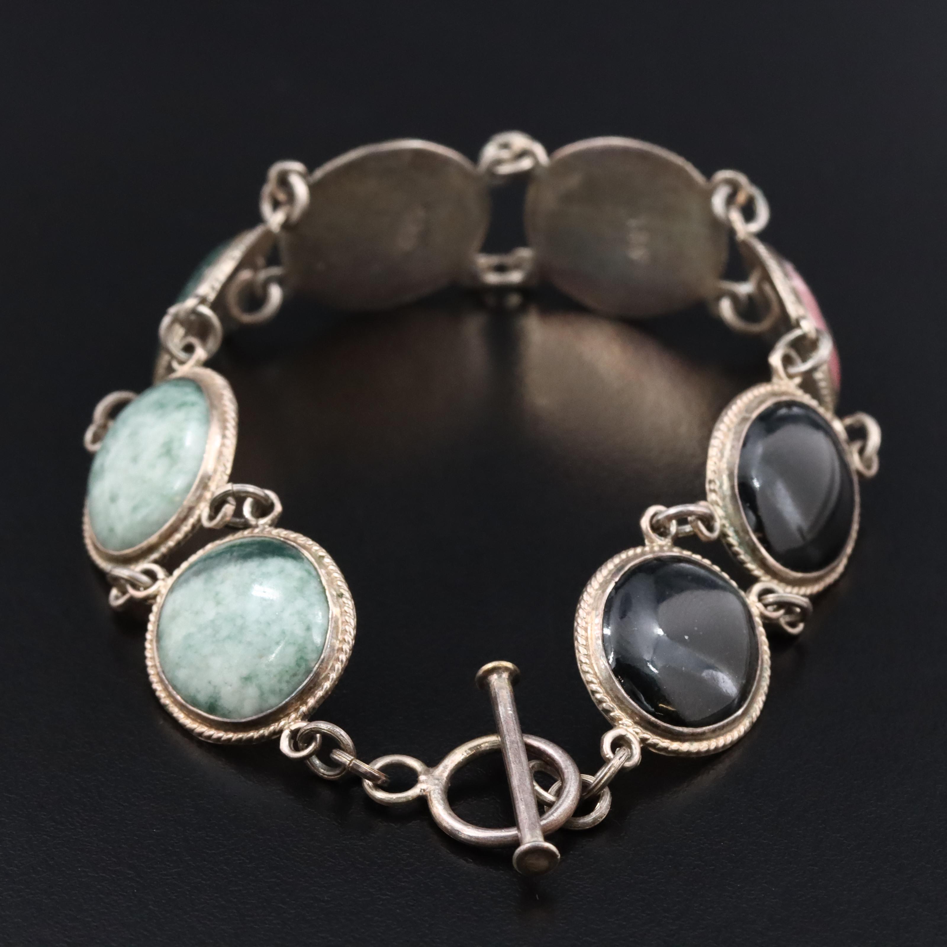 Sterling Gemstone Bracelet with Rhodonite, Black Onyx and Nephrite