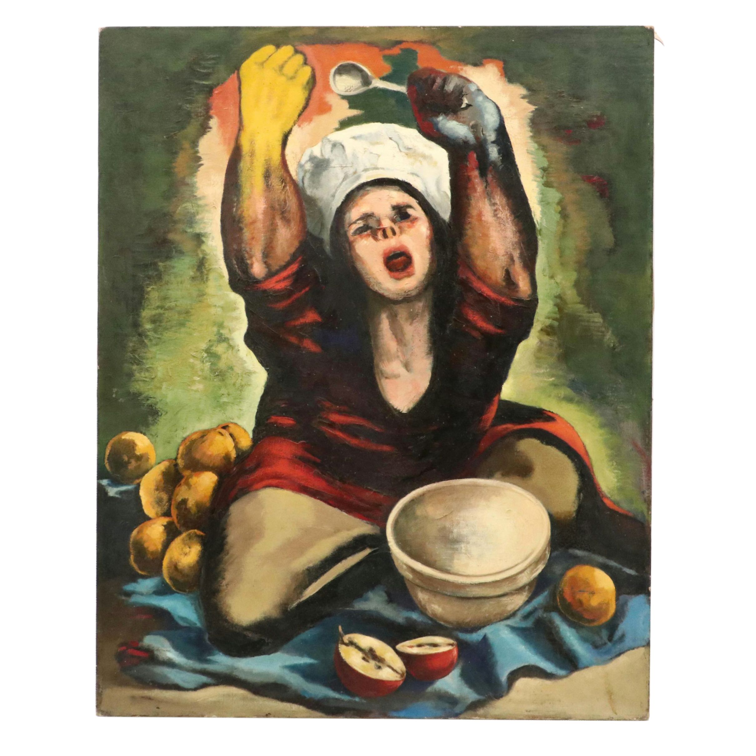 Harvey Shepard Figural Oil Painting with Fruit, Mid-20th Century