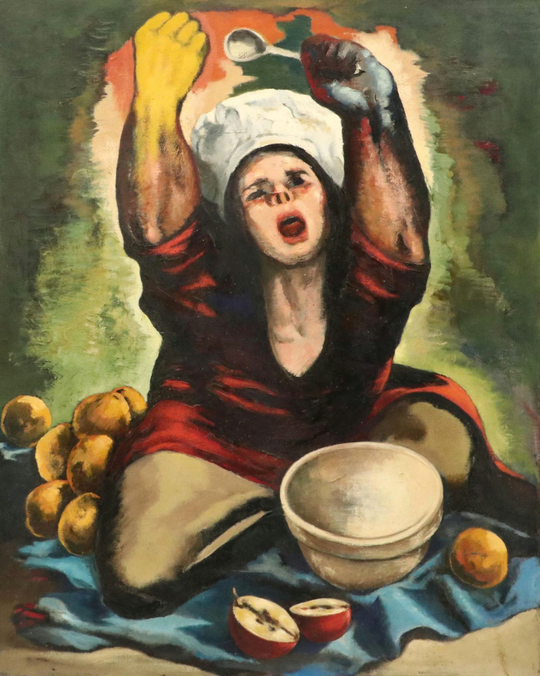 Harvey Shepard Figural Oil Painting with Fruit, Mid-20th Century