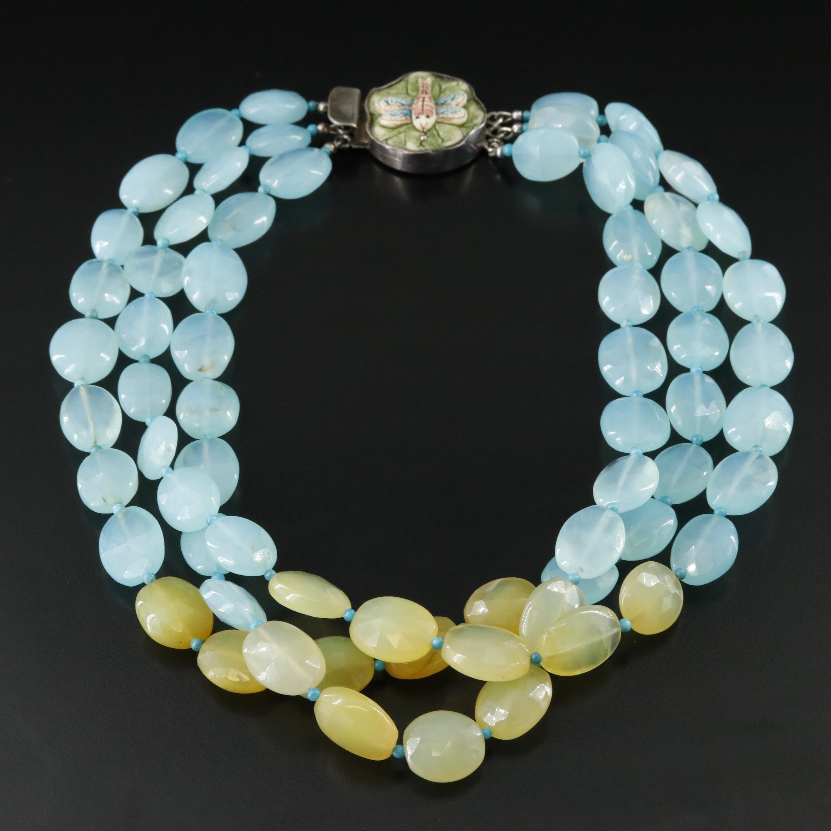 Chalcedony, Turquoise and Bone Necklace with Sterling Dragonfly Clasp