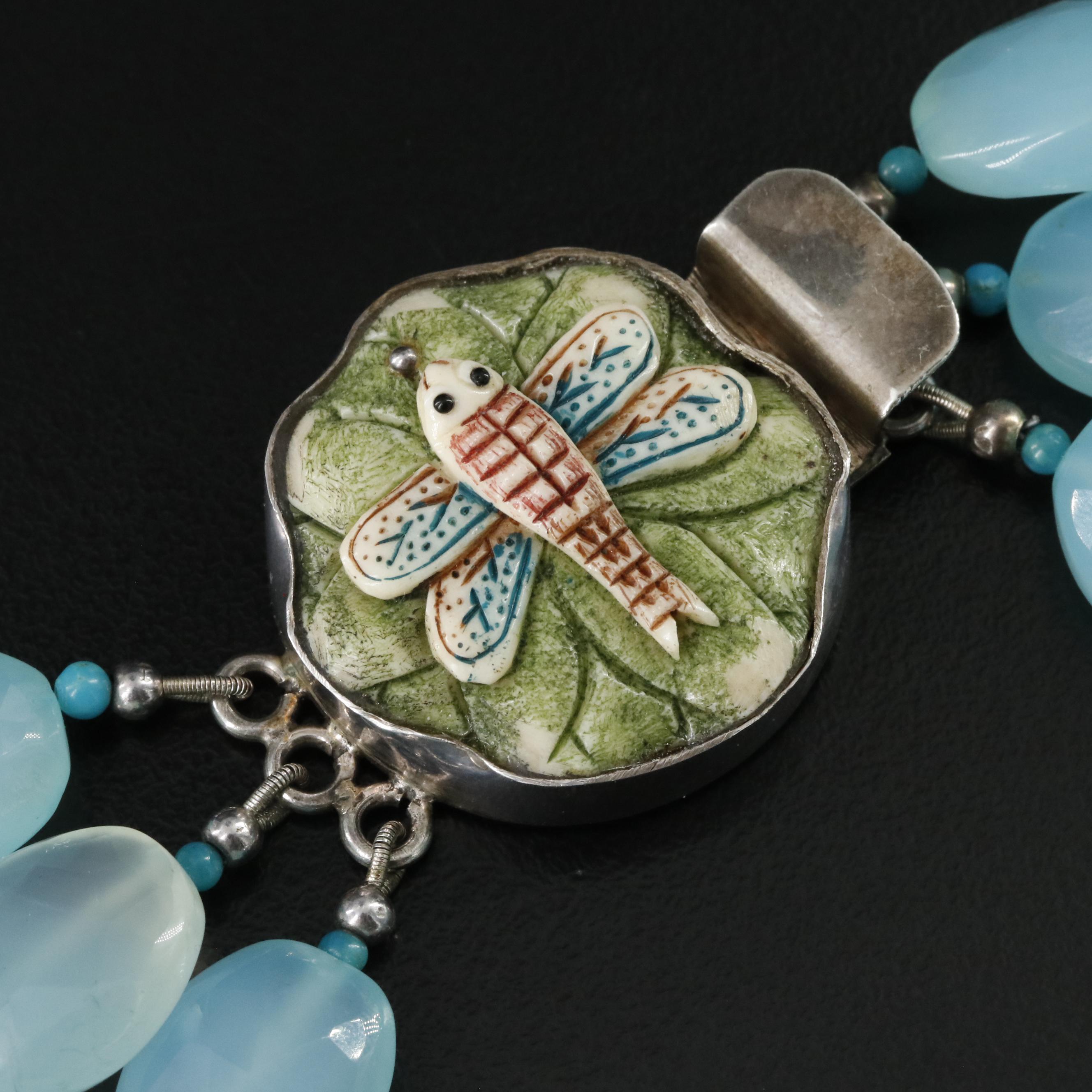 Chalcedony, Turquoise and Bone Necklace with Sterling Dragonfly Clasp