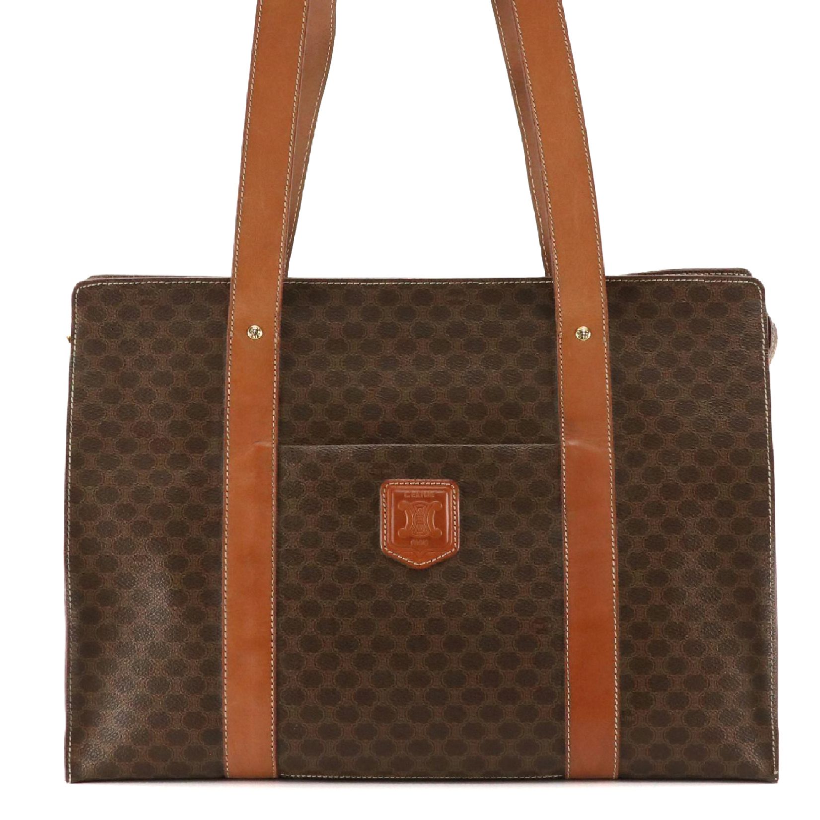 Celine Zip Tote in Dark Brown Macadam Canvas and Brown Leather Trim