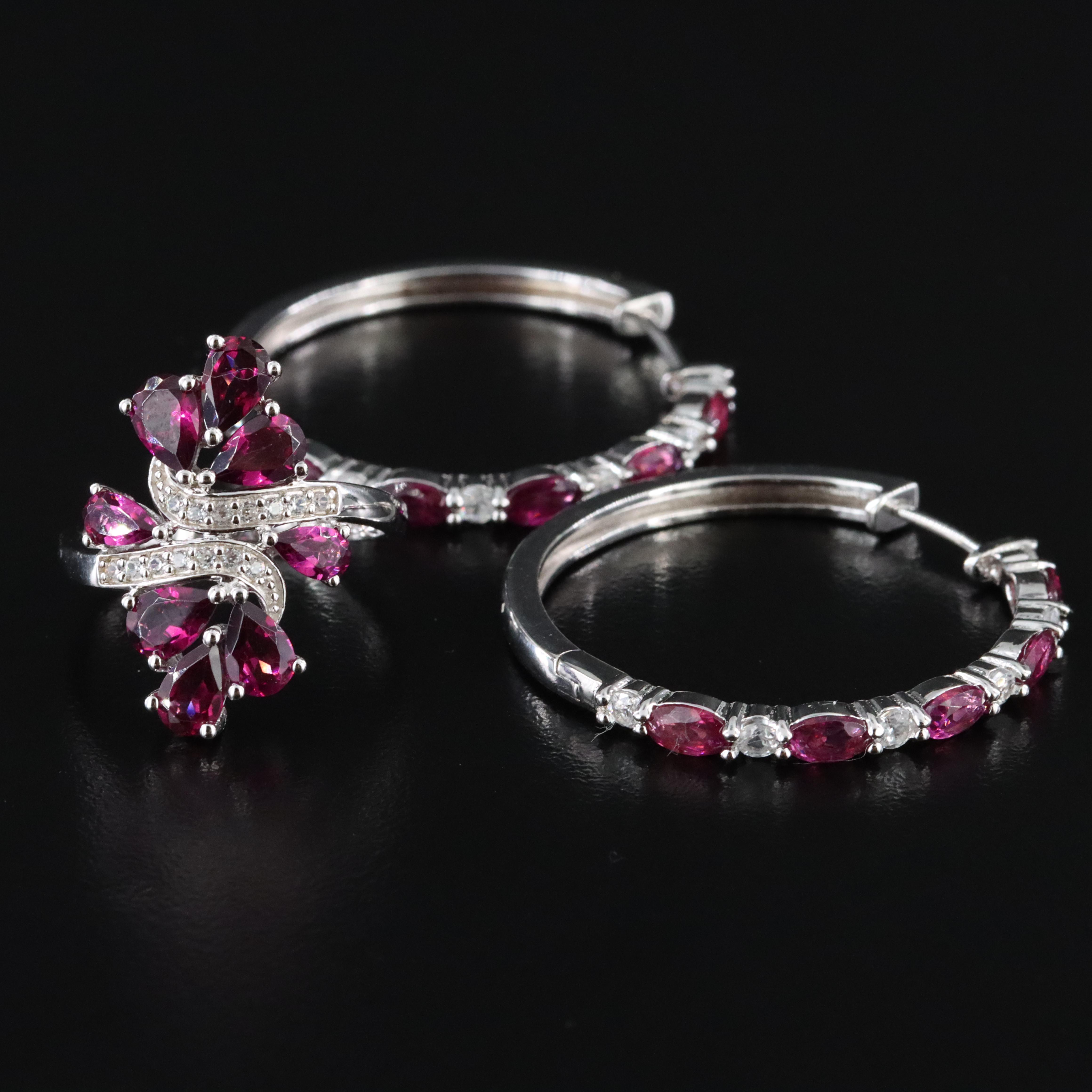 Sterling Rhodolite Garnet and White Zircon Hoop Earrings and Ring