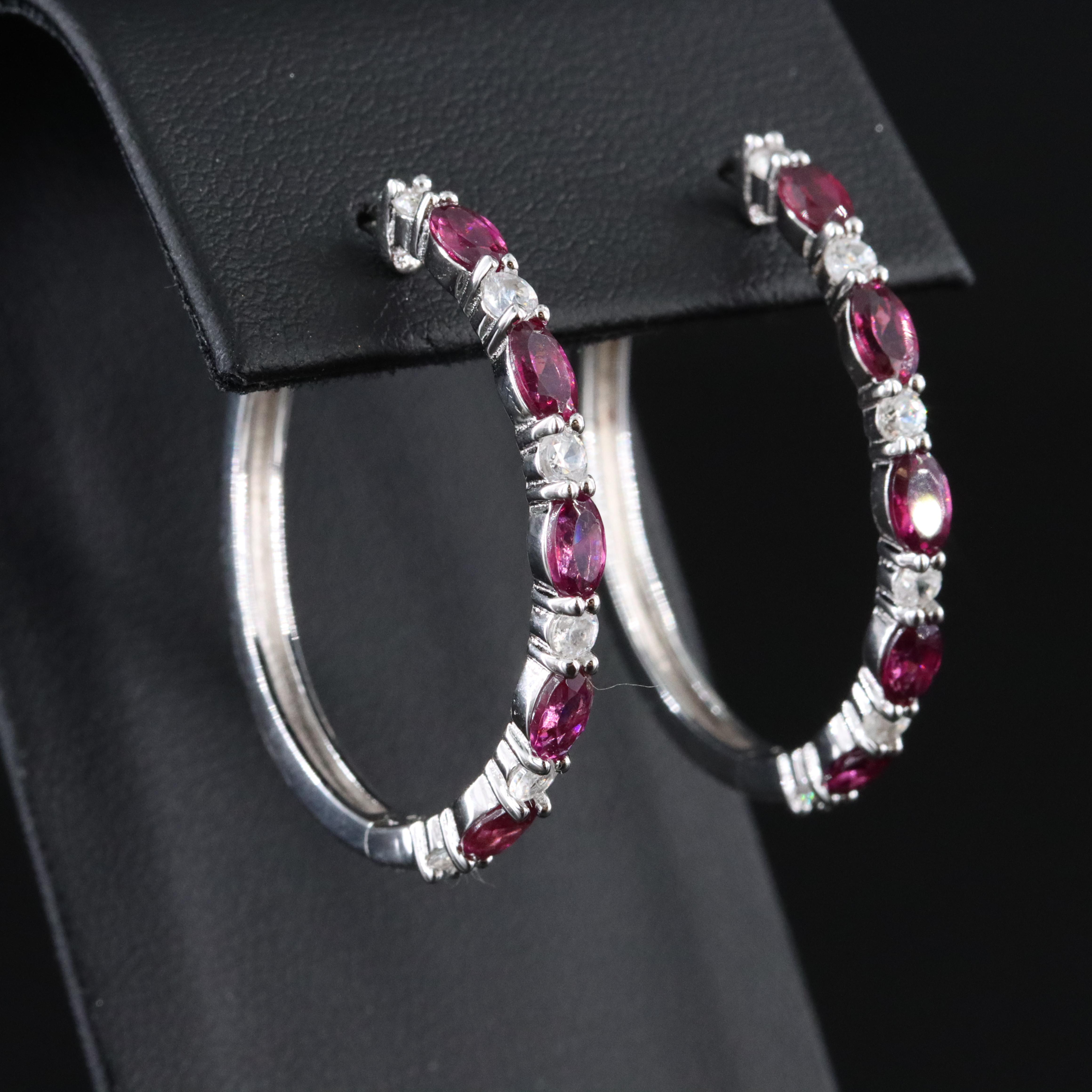 Sterling Rhodolite Garnet and White Zircon Hoop Earrings and Ring
