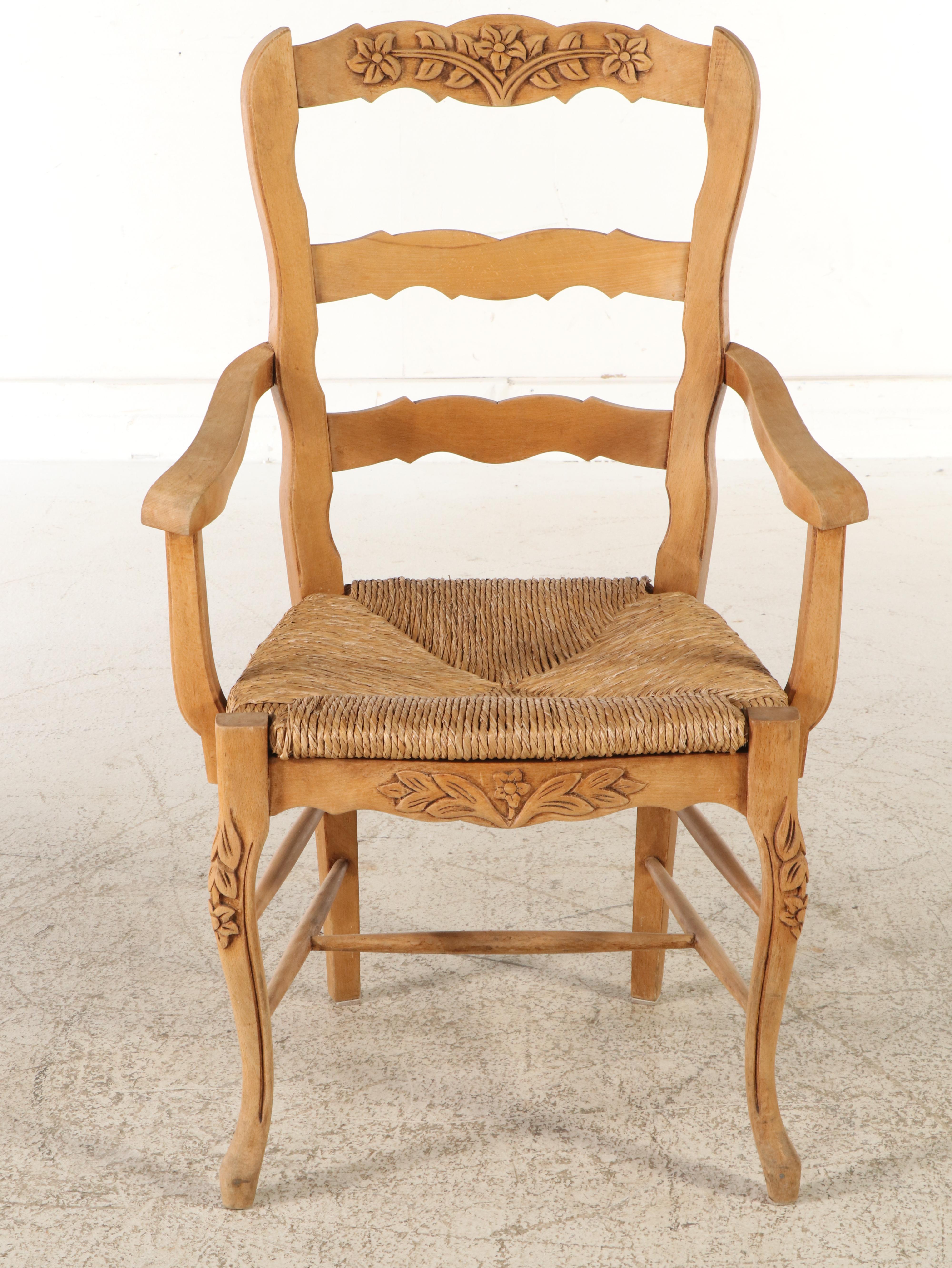 French Country Style Carved Ladder Back Dining Chairs with Rush Seats