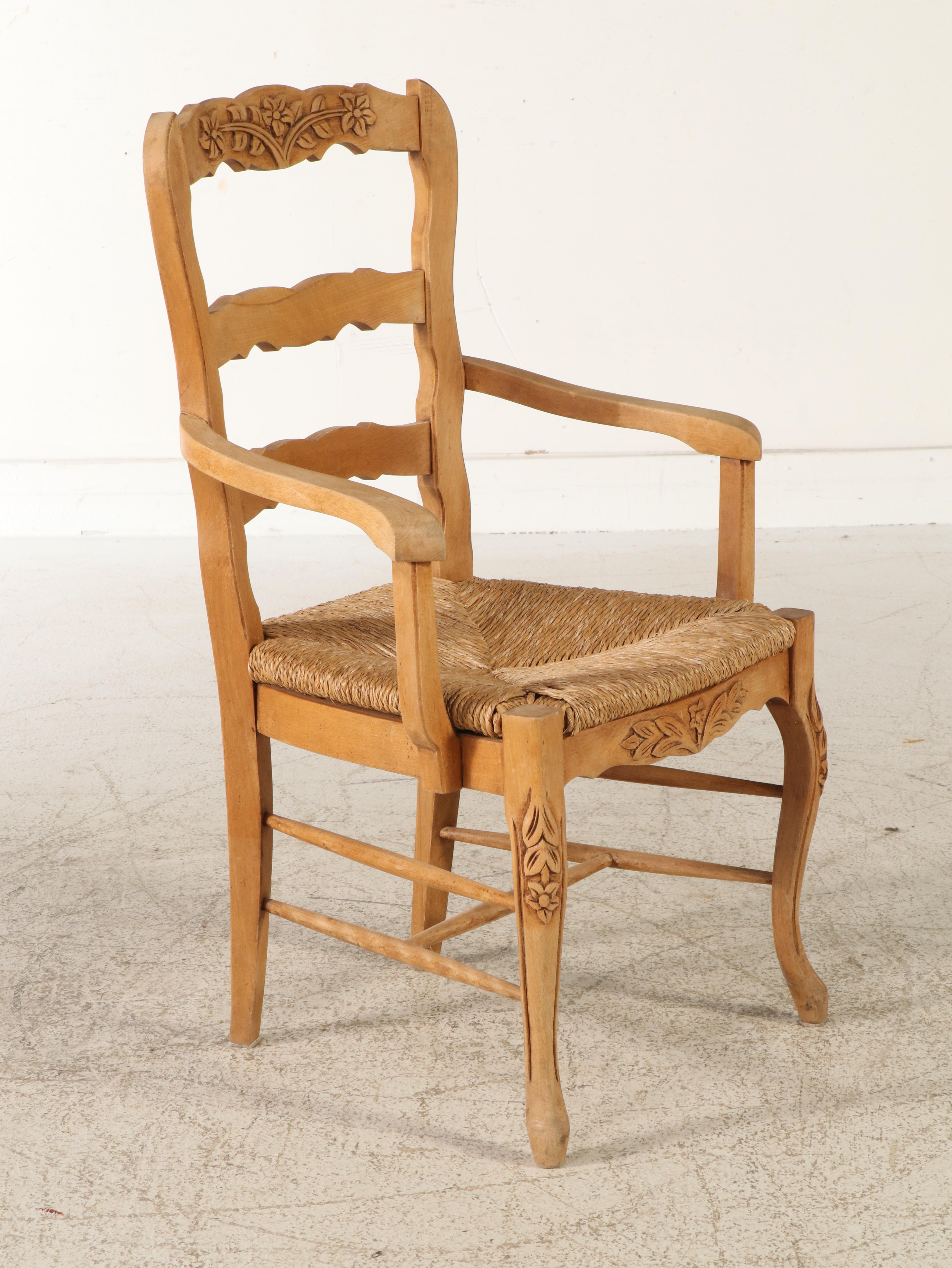 French Country Style Carved Ladder Back Dining Chairs with Rush Seats
